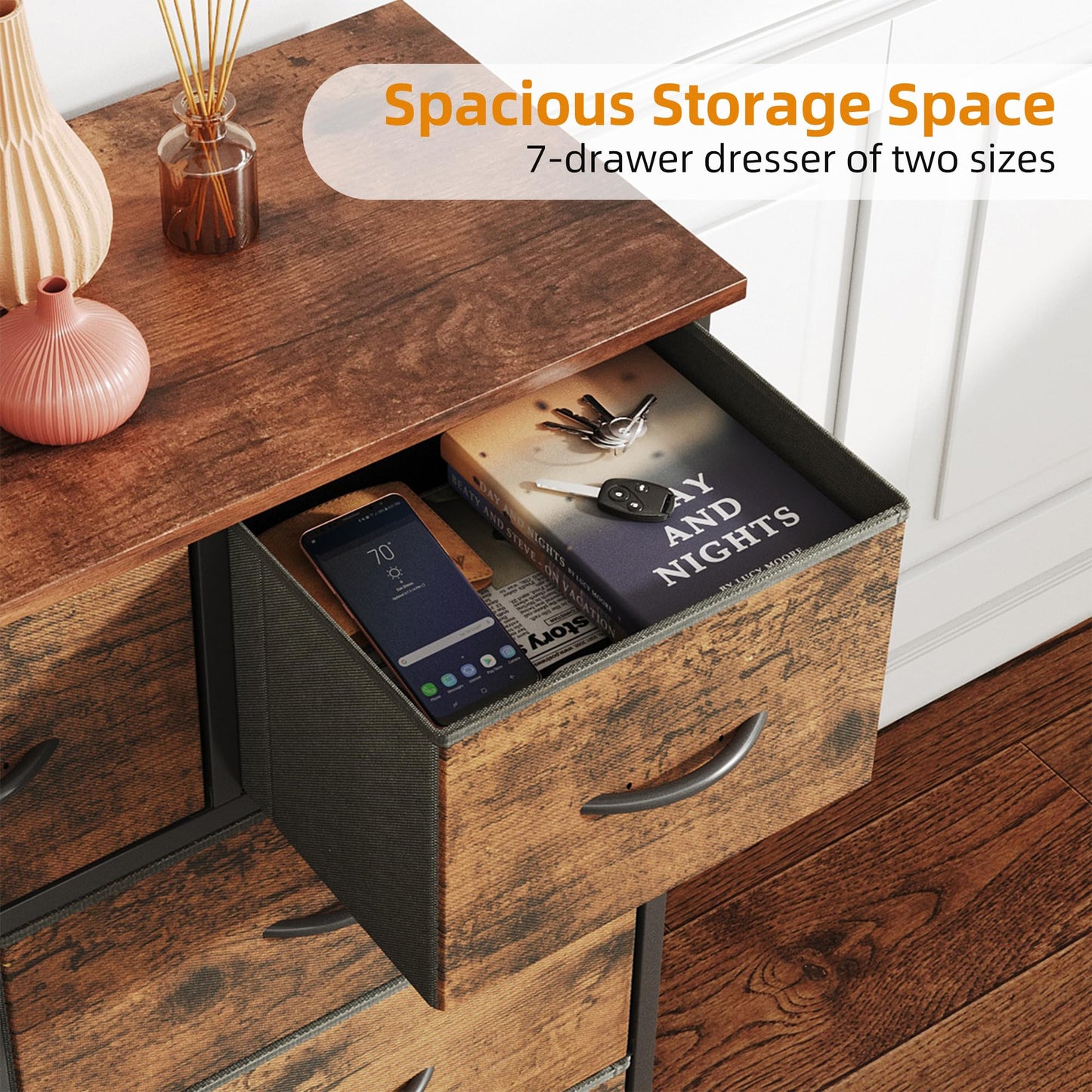 CAIYUN Chest of Drawers for Bedroom with 7 Drawers, Fabric Storage Drawer, Tall Brown Hallway Storage Unit