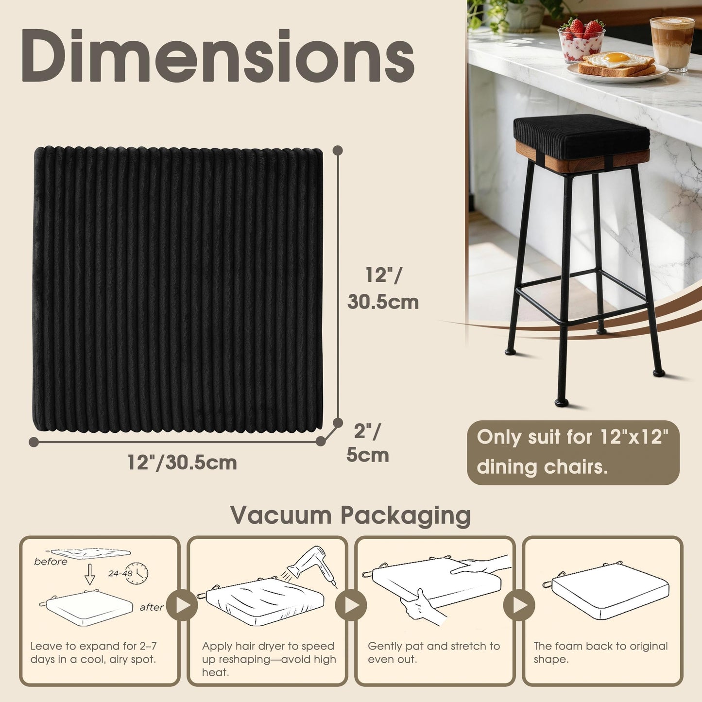 ZenComfy 30x30cm Bar Stool Cushions Square Set of 4 Black