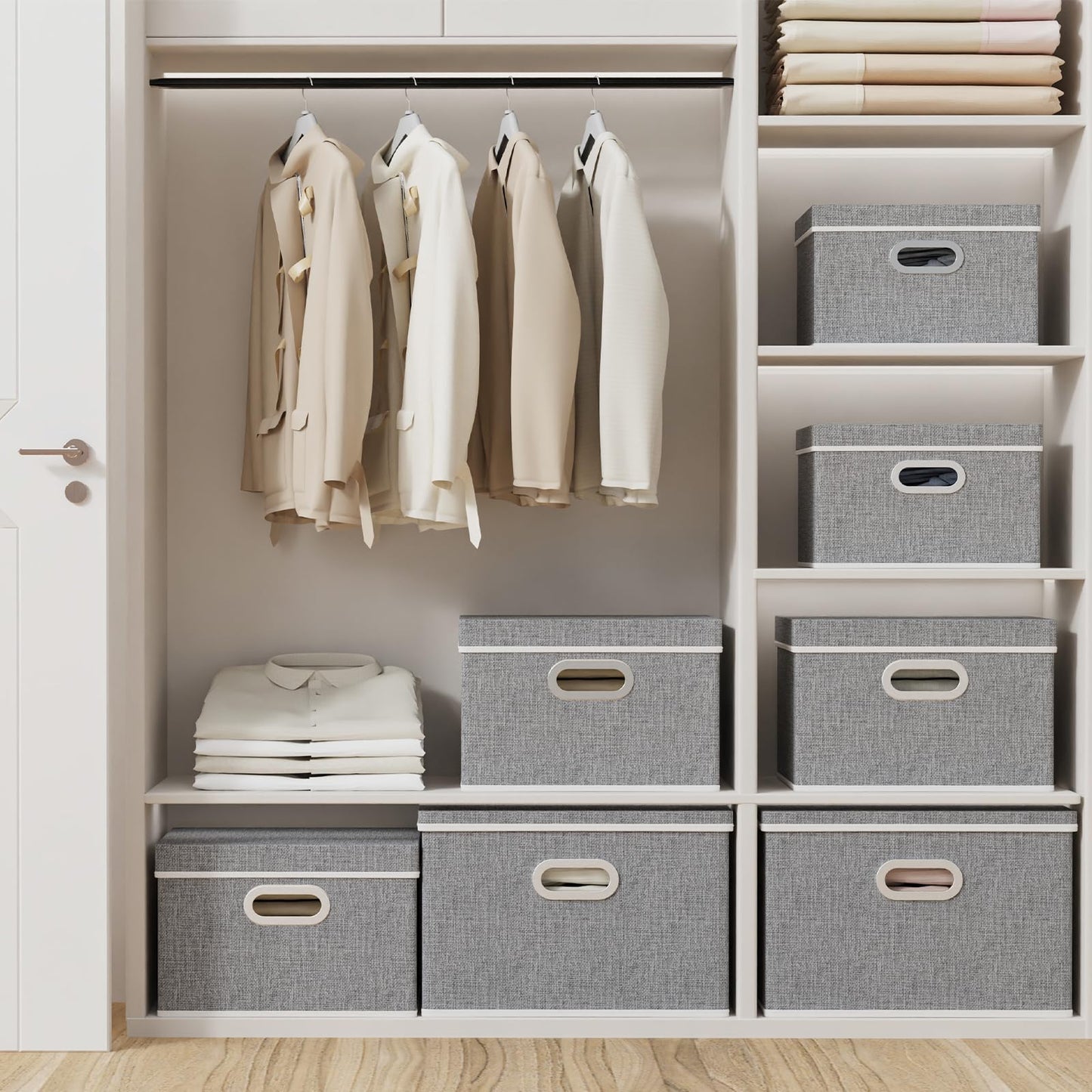 Yawinhe Large Storage Box with Lid 3 Pack, Collapsible Cubes Baskets, for Cupboards, Wardrobe, Shelves, 44x30x30cm, Grey, SNK023GX-3