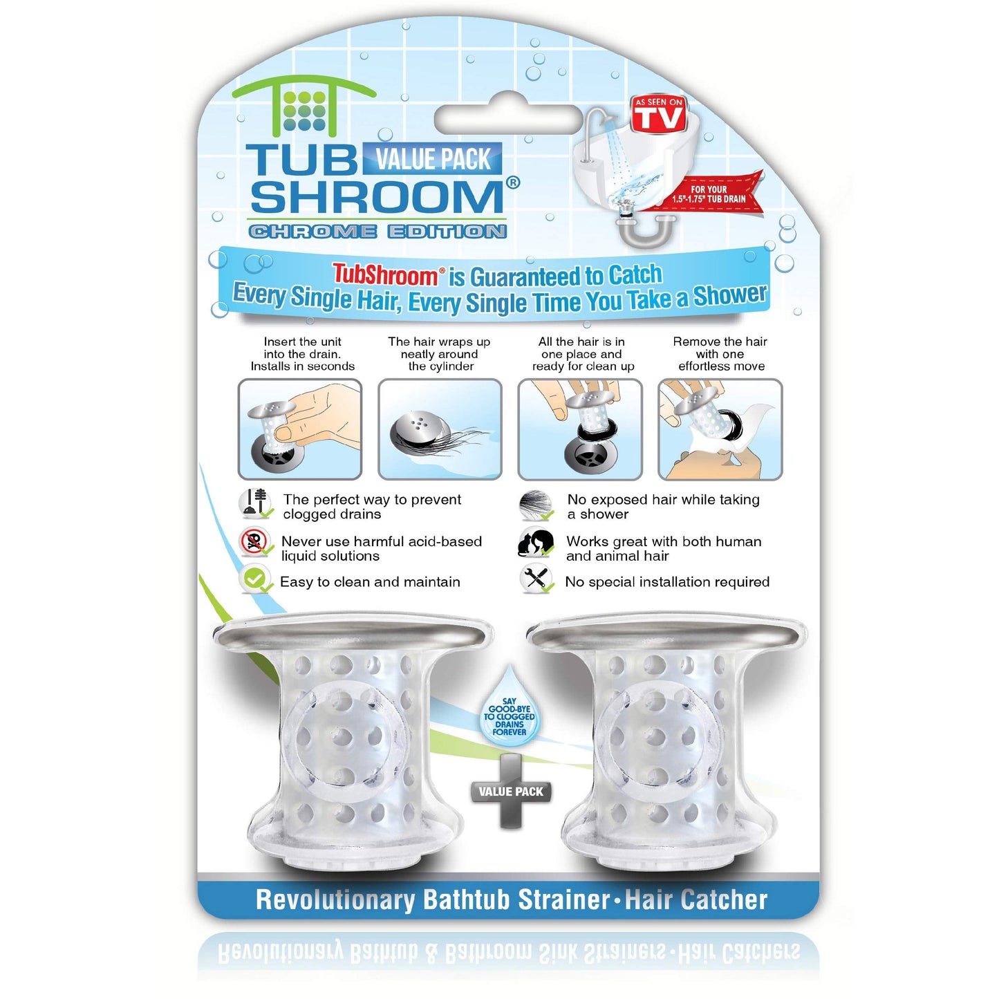 TubShroom Chrome Edition Revolutionary Tub Drain Protector Hair Catcher, Strainer, Snare, 2 Pack