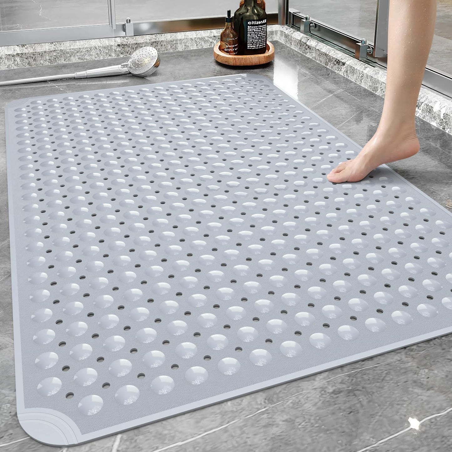 Yolife Extra Large Shower Mat, 58 x 88cm TPE Anti Slip Stand Up Shower Mat with Drain Holes and Suction Cups, Large Size Mat More Suitable for Shower