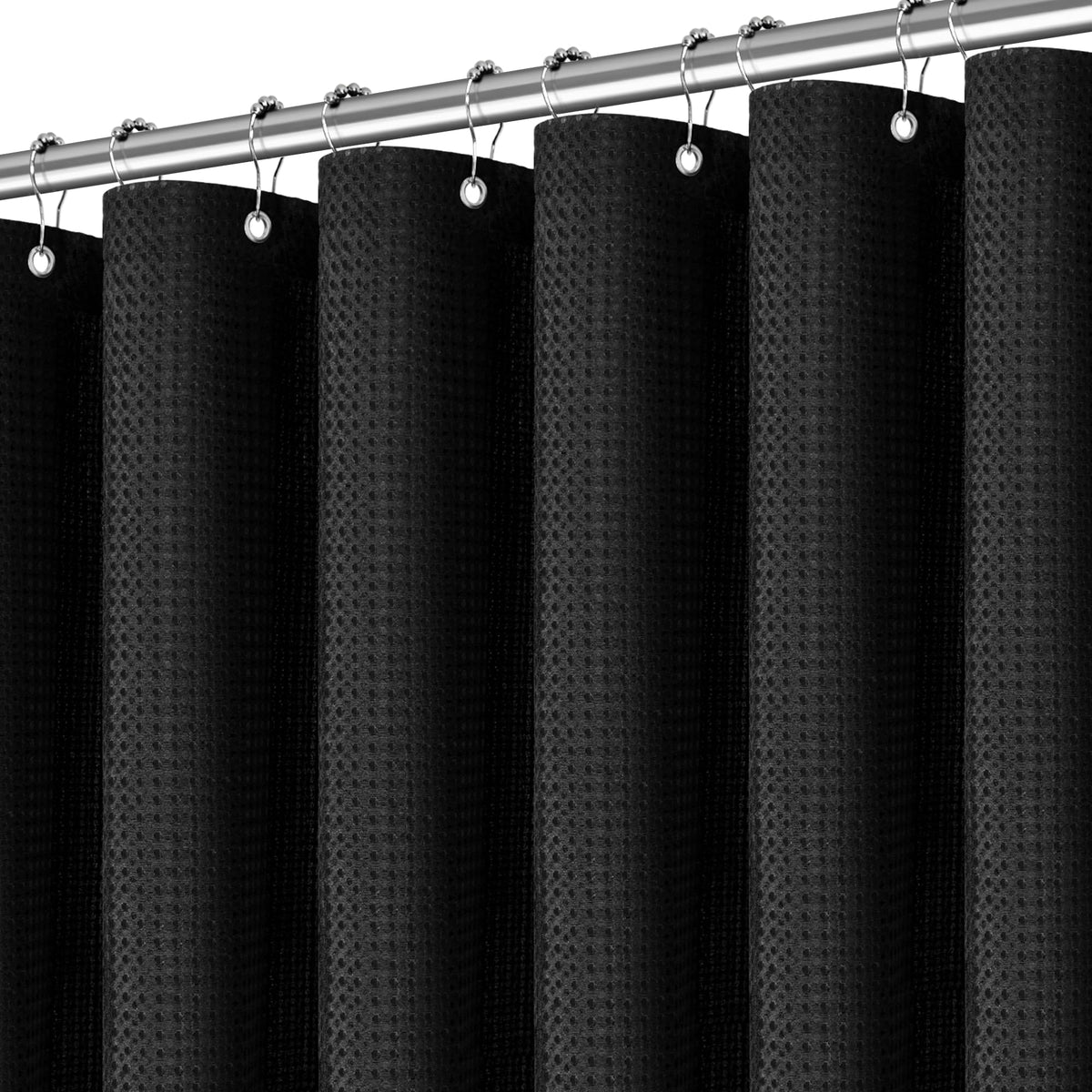PANGSINNE Black Shower Curtain 256GSM Heavy Duty Waffle Woven Bathroom Shower Curtains, Weighted Fabric Shower Curtains for Hotel Spa Luxury Polyester