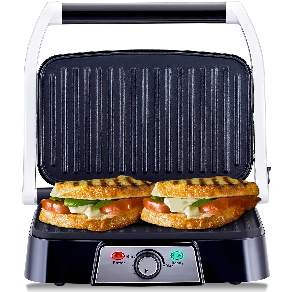 NETTA Panini Maker & Health Grill - Sandwich Toaster, Panini Press - 2 Slice Non-Stick Grill Plates  Built-In Fat Tray - 1500W - Stainless Steel