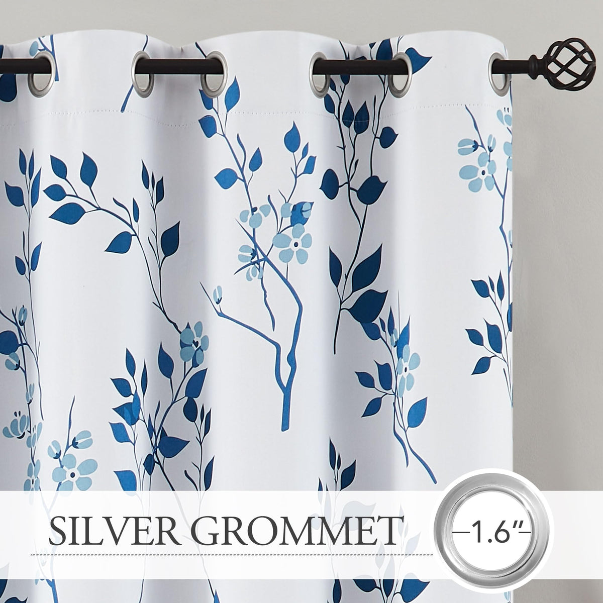 Beauoop Navy Blue Floral Blackout Curtains for Living Room Bedroom 90 Inch Drop Leaf Print Eyelet Curtain Botanical Thermal Insulated Noise Reducing
