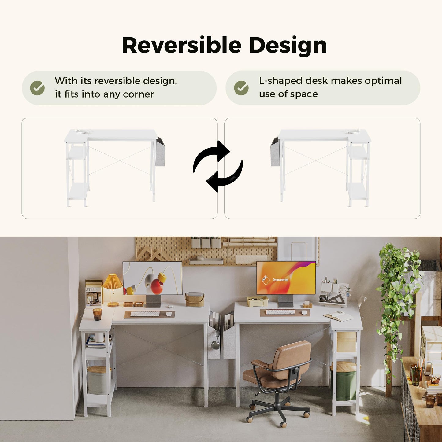 Mericonia Reversible Corner Desk, w. Power Outlets, 140x70cm, White