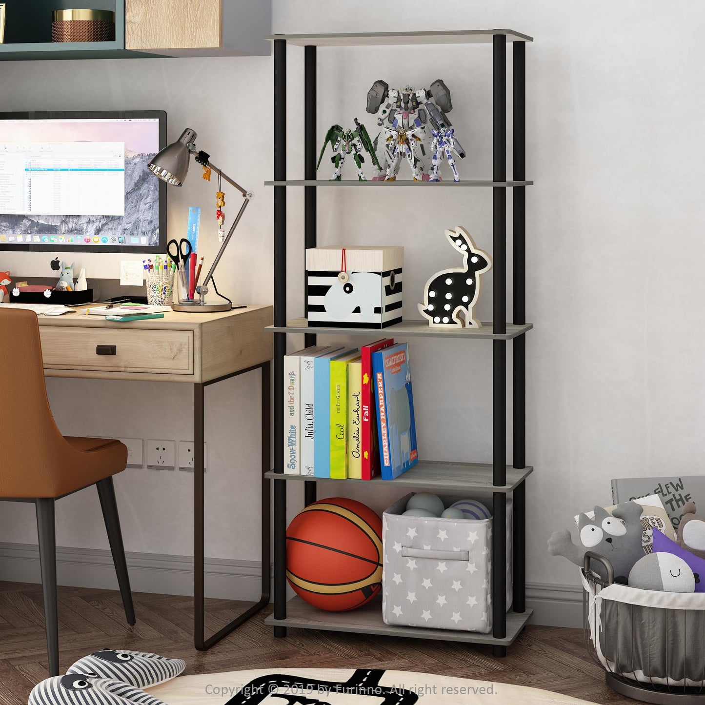 Furinno Turn-N-Tube Toolless Assembly 5-Tier Storage Shelves, Grey Book Shelf, Open Storage Bookshelf, for Organization and Storage, Living Room