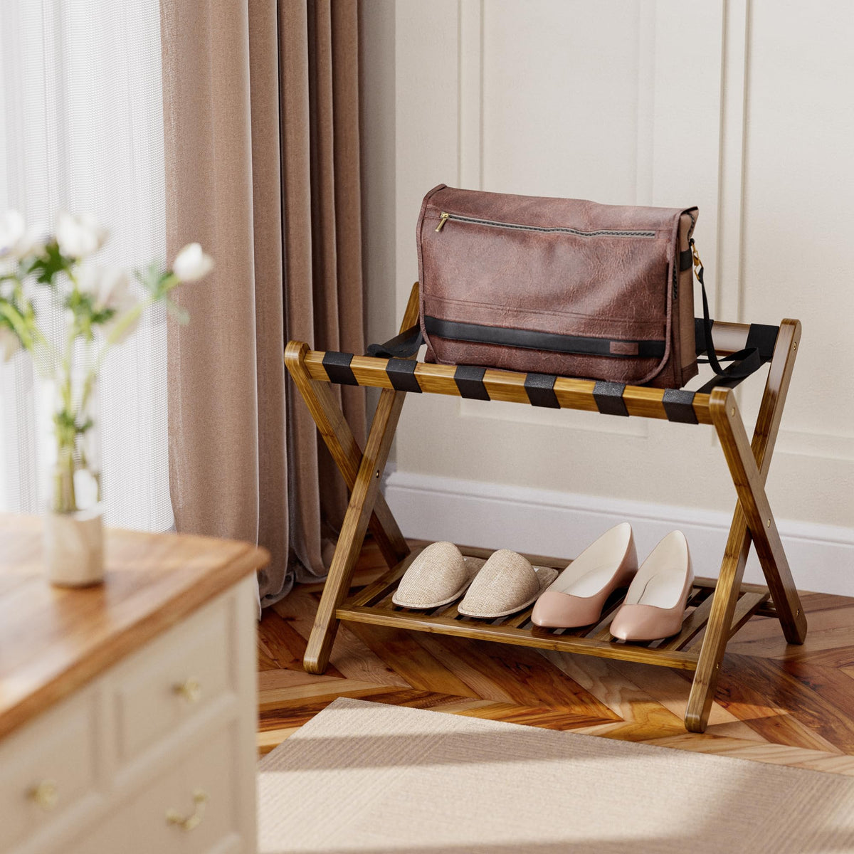 SMIBUY Luggage Rack, Foldable Bamboo Suitcase Stand with Storage Shelf for Guest Room, Bedroom, Hotel, Heavy-Duty (Walnut)