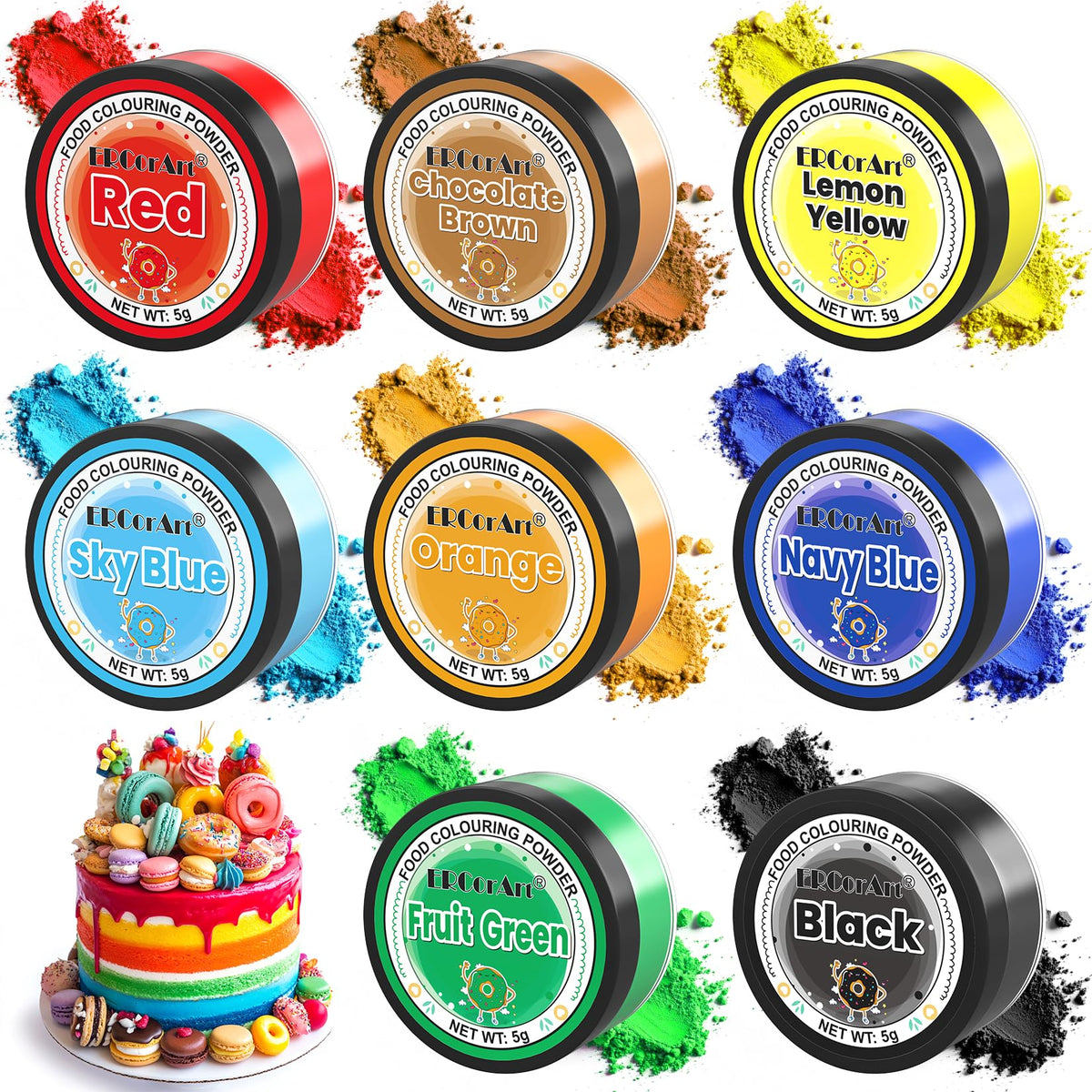 Food Colouring Powder - ERCorArt 8 Colours Upgrade Food Colouring Dust, High Bright Food Dye, Edible Paint for Cake Decorating, Icing, Baking,