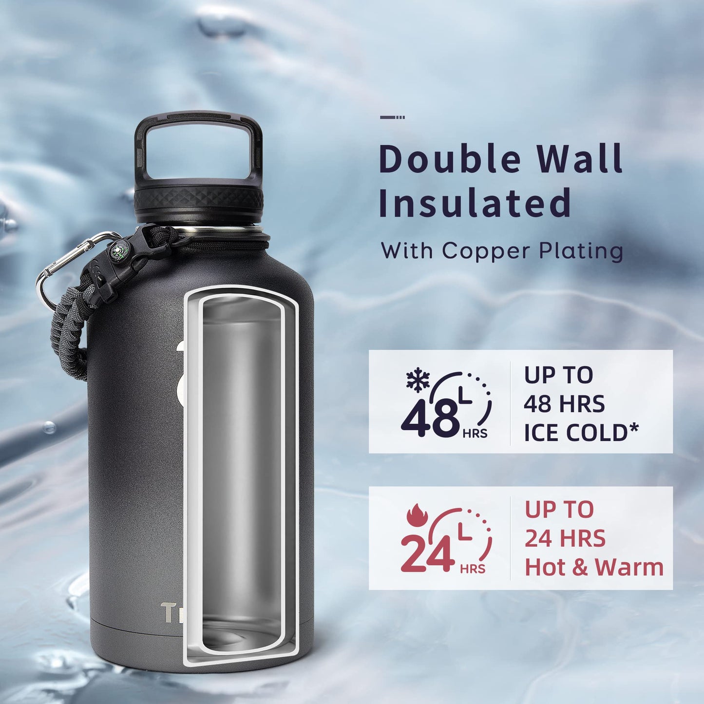 Trebo Stainless Steel Water Bottle 2L, Wide Mouth Insulated Water Bottle Double with Paracord Handle Sports Bottle Keep Cold 48 Hours Water Bottle