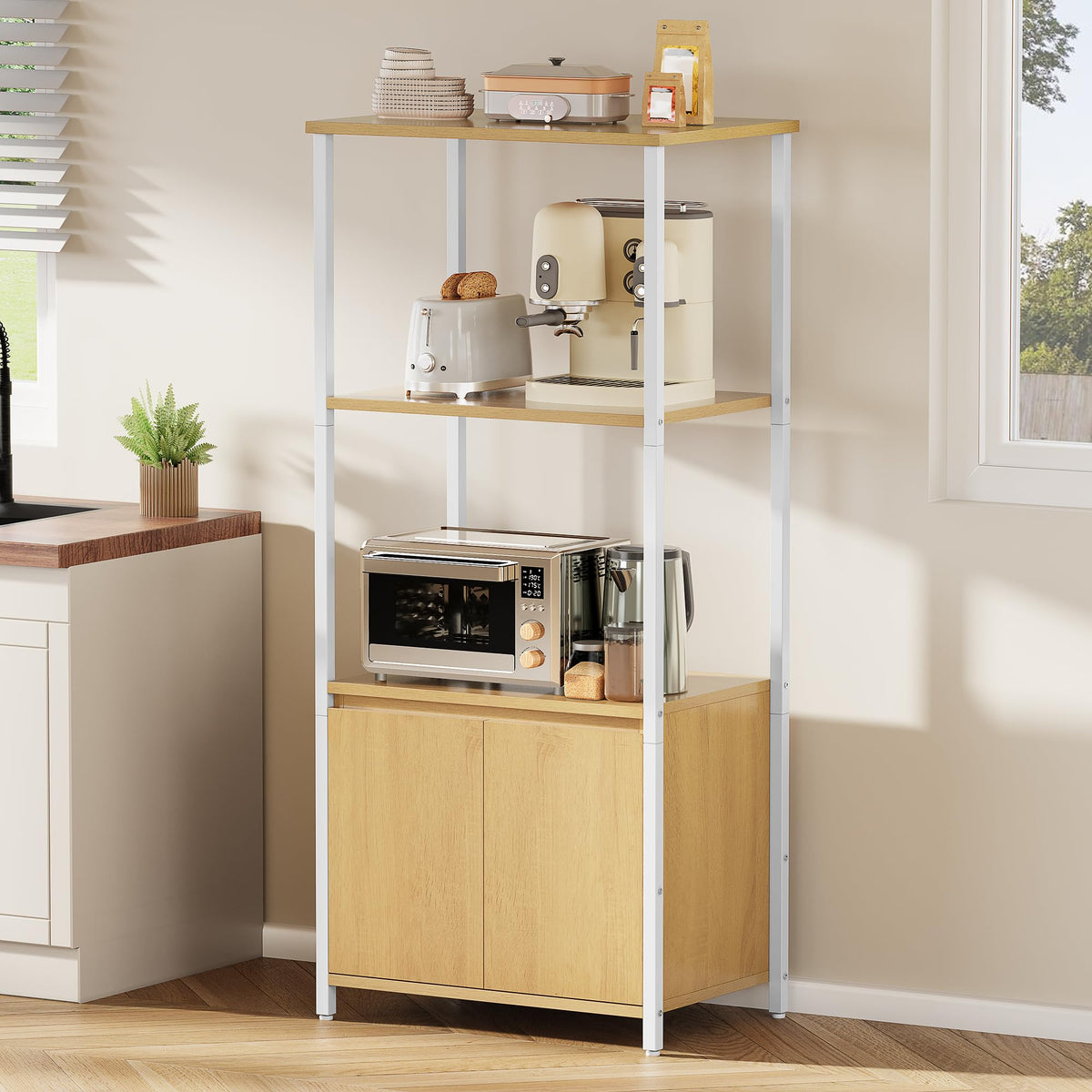 YITAHOME kitchen shelves, microwave shelf, bakers racks for kitchens with storage, coffee bar station, 3-Tier snack stand with Cabinet