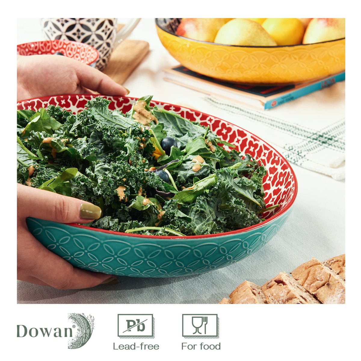 DOWAN Large Serving Dishes, 2773ml Turkey Platter for Entertaining, Christmas, ?29.5cm Ceramic Serving Plate Bowls for Fruit Salad Pasta, Vibrant