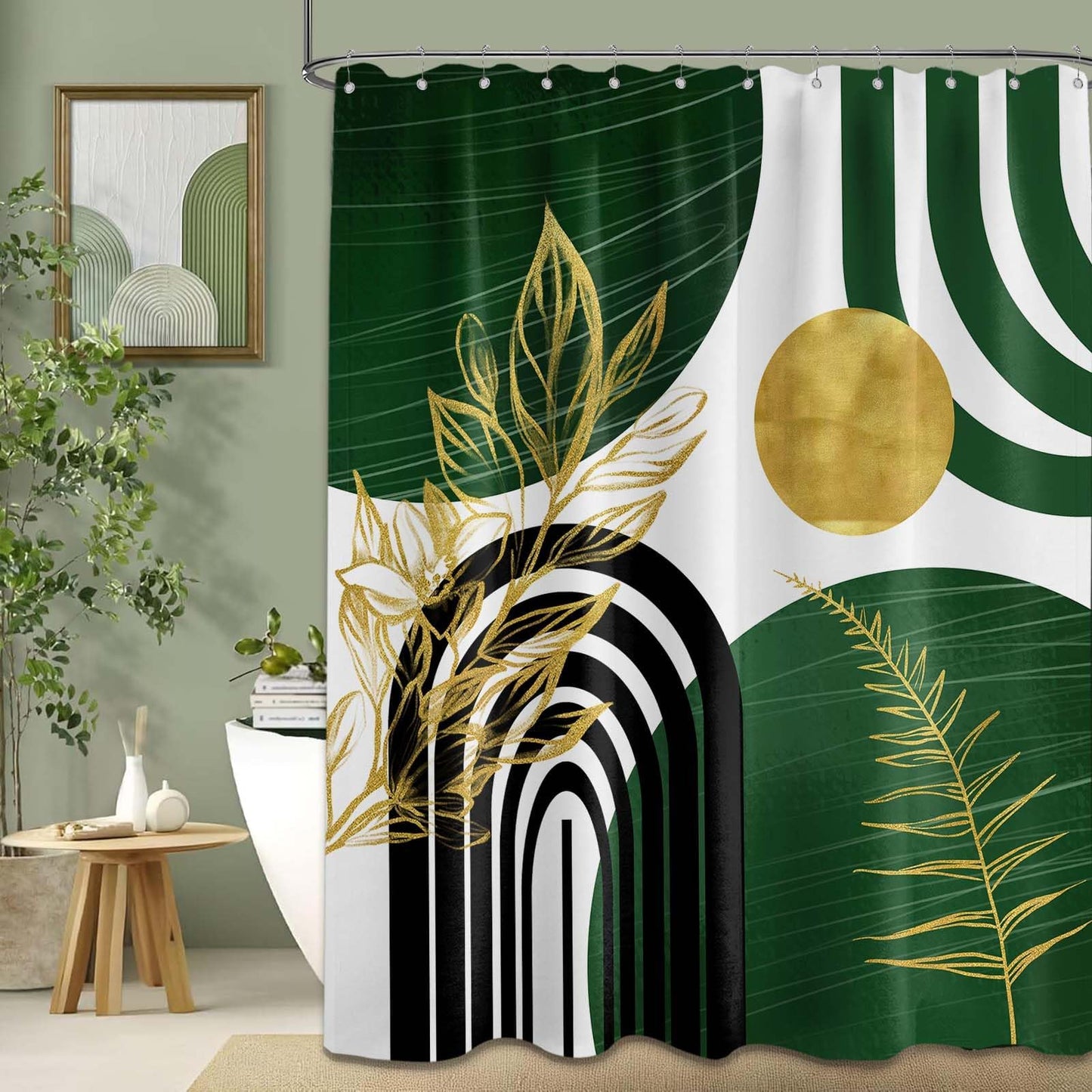 LanZanthic Dark Green Boho Shower Curtains for Bathroom Green and Gold Abstract Mid Century Modern Wet Room Shower Curtain with hooks