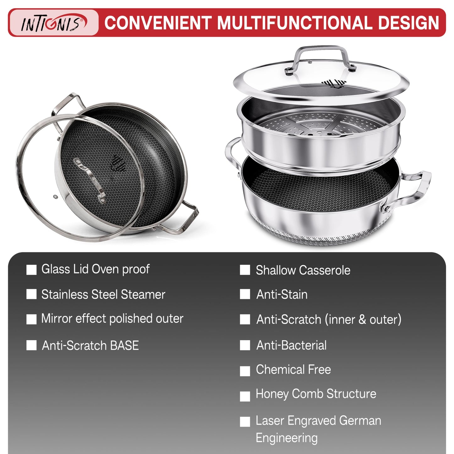 Casserole Dish with Lid Ovenproof Pot | Stainless Steel Hybrid | Toxin Free | Anti Scratch| Non Stick | 30cm | PFOA free | Induction Compatiable |