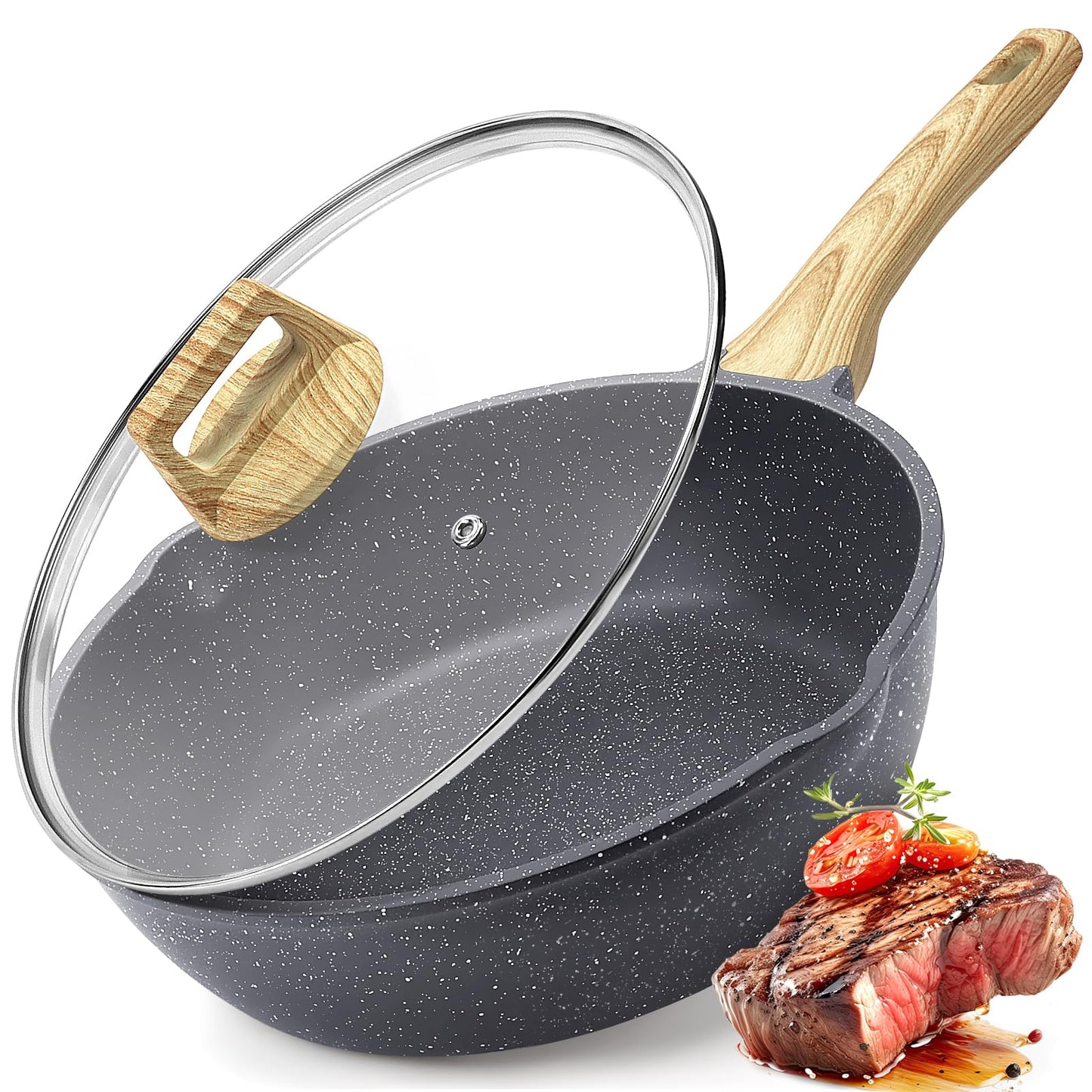 GiPP Nonstick Deep Frying Pan - 2.6L Grey Granite Saute Pan with Lid, Pour Spout and Stay-Cool Handle, Non Stick Skillet Non Toxic Cooking Pan