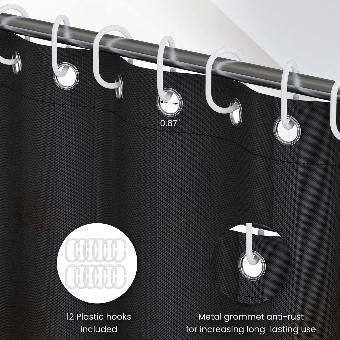 AKHTART Shower Curtain 100% Polyester, Extra Long Shower Curtain with 12 Hooks, Washable and Easy to Dry, Anti-Bacterial Mildew Resistant