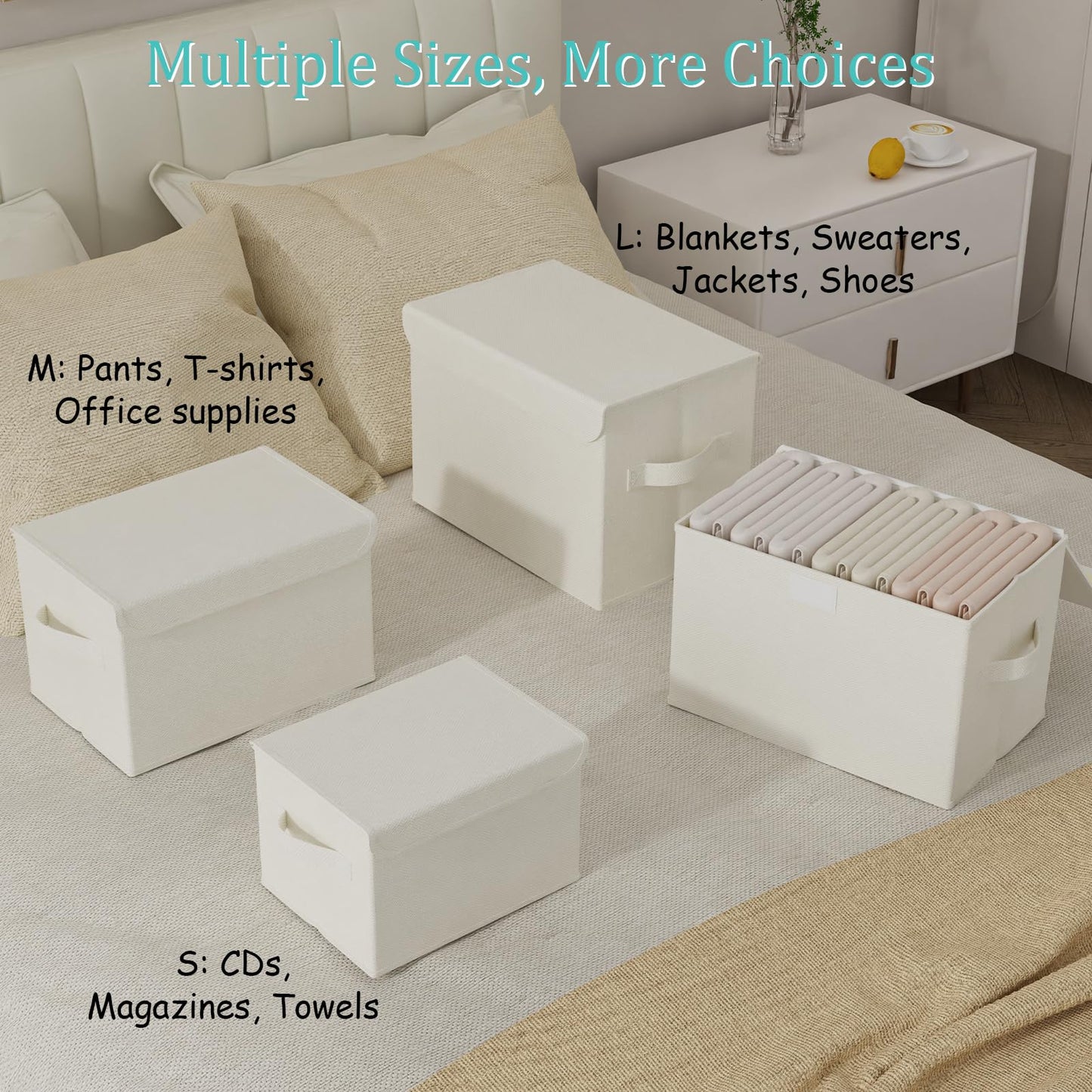GUOHNHE Storage Bin with Lid, Closet Boxes, 2 Pack, Beige, 26x20x17 cm
