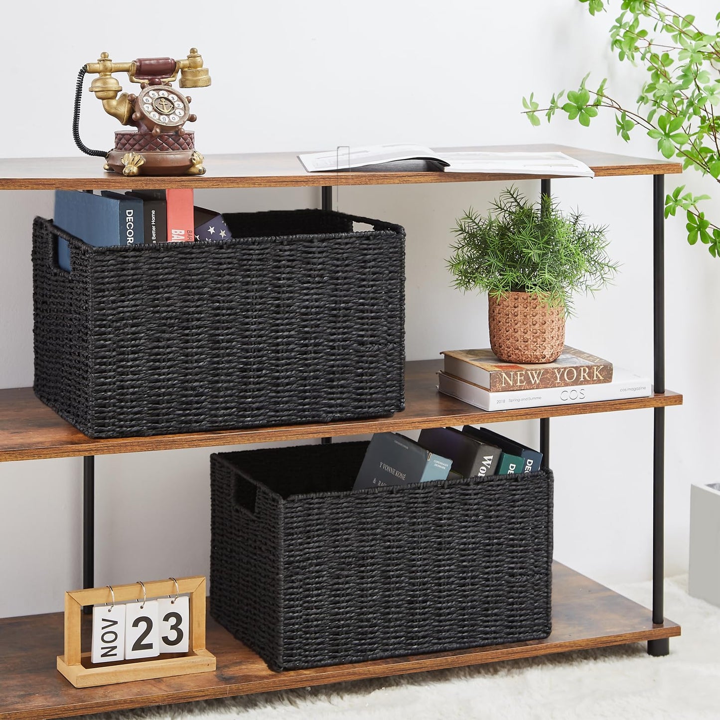 Vagusicc Wicker Storage Basket, Set of 2 Handwoven Storage Baskets for Shelves, Collapsible Storage Box Organiser Shelf Hamper Gift Basket for