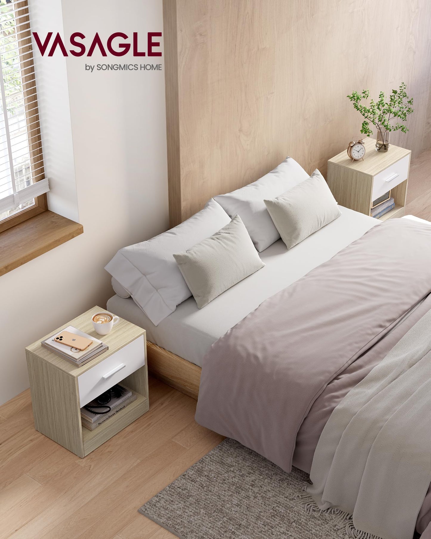 VASAGLE Bedside Tables, Set of 2, Side Table with Drawer, Handle, Open Compartment, End Table, for Bedroom, Living Room, Natural Beige and Classic