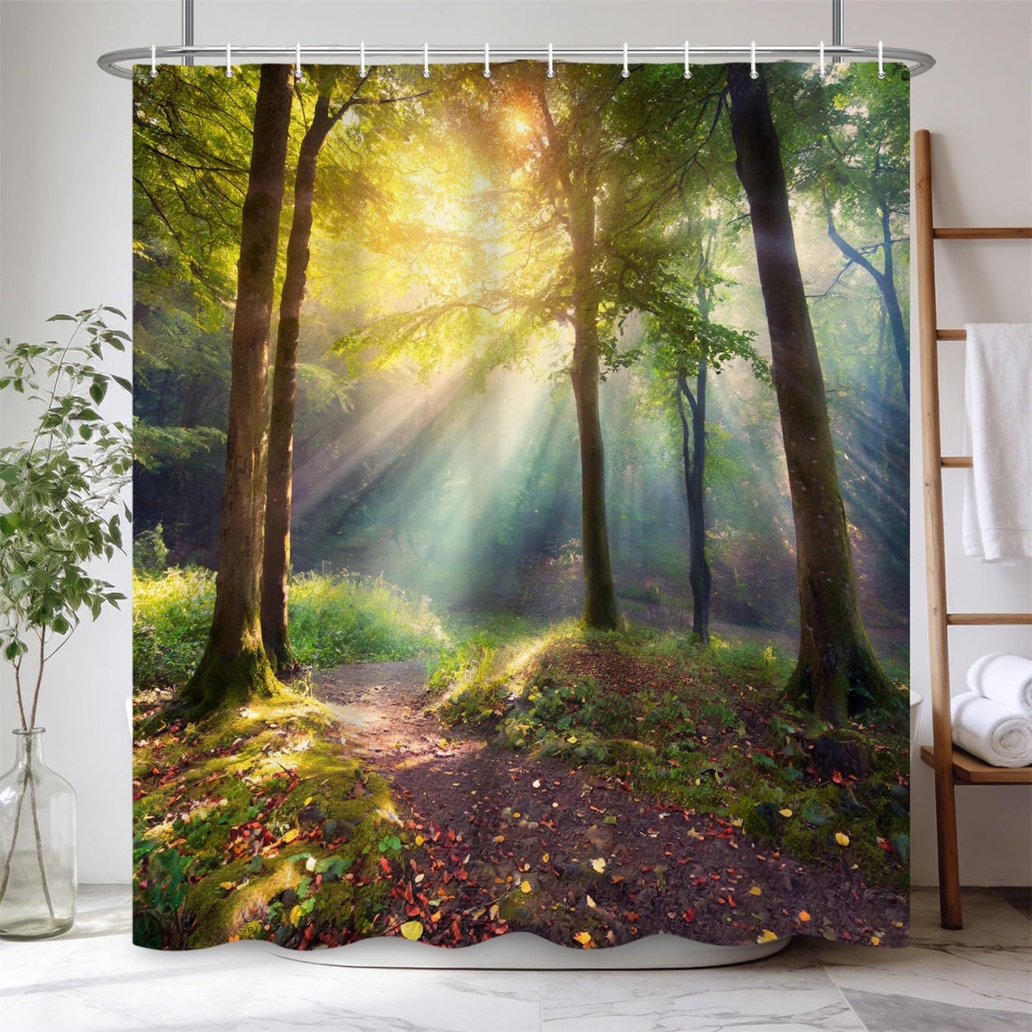 Kzzfqxb 105x160cm Shower Curtains with Plastic Hooks, Tyndall Effect Country Forest Sunshine Through Green Trees Waterproof Polyester Fabric for