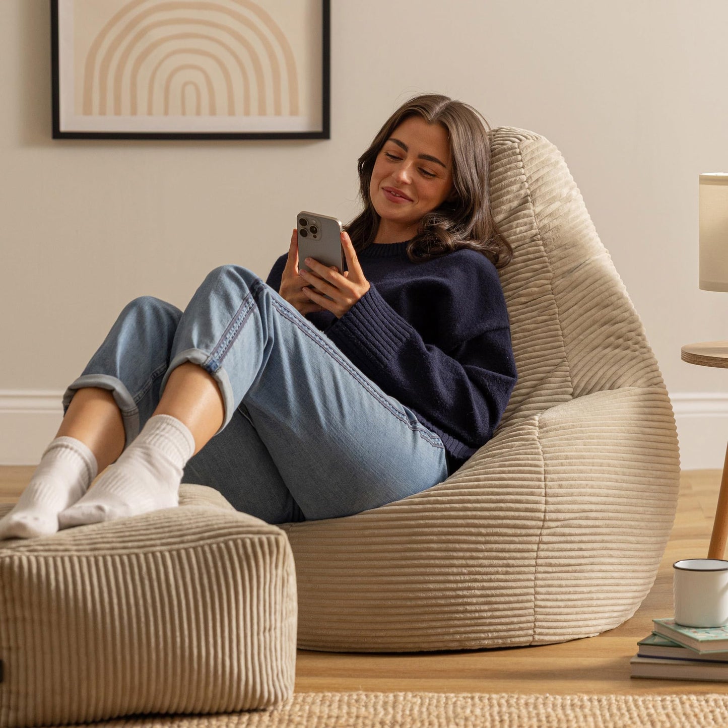 icon Dalton Cord Bean Bag & Footstool with Filling Included, Beige