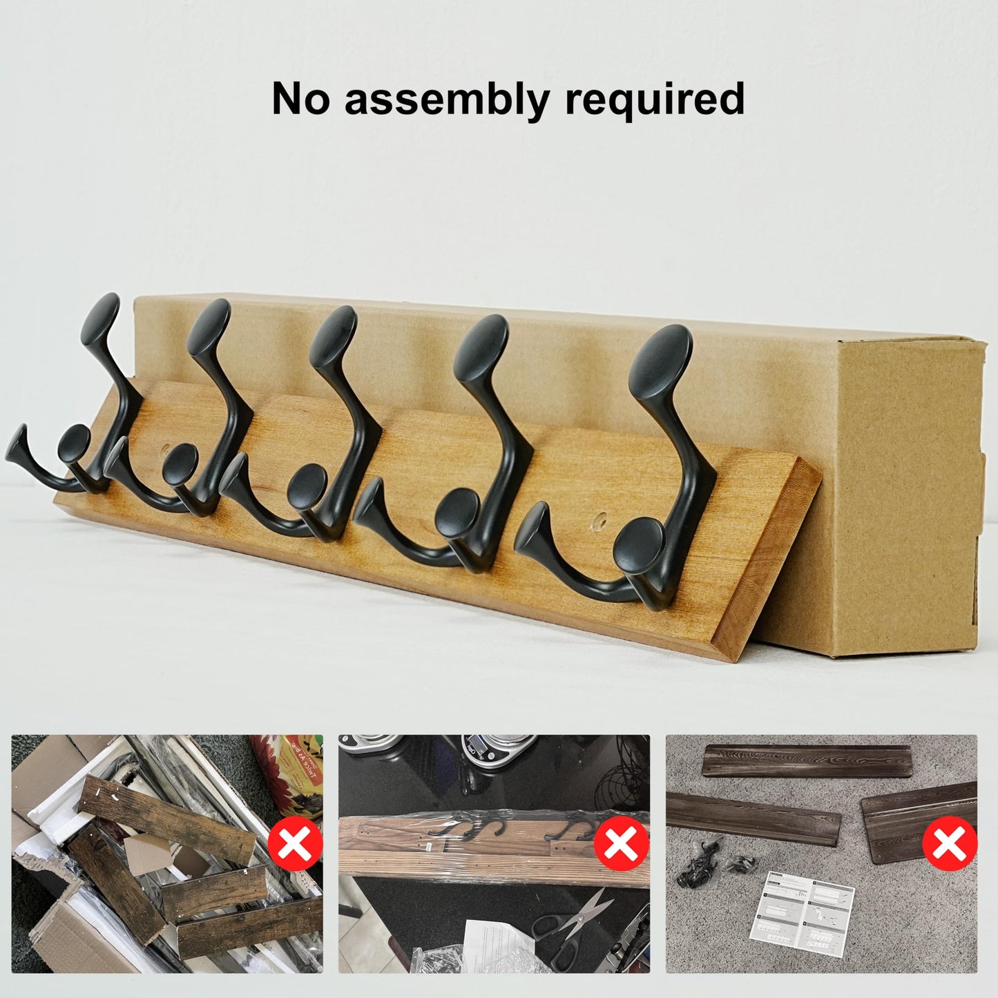 SKOLOO 61cm Light Brown Wood Coat Rack Wall Mount with 5 Triple Hooks - Ideal for Family Entrances, Classrooms, and Pet Supplies Storage