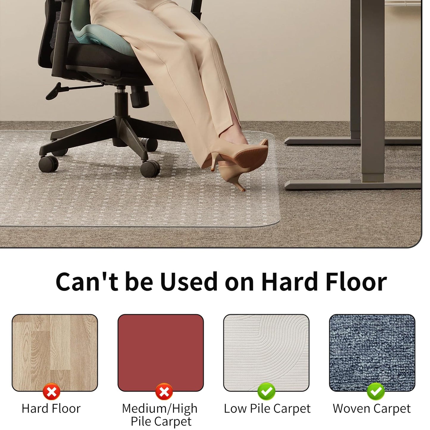 WASJOYE Office Chair Mat Carpet 90x120 cm Carpet Protector Non-slip PVC, Home Office Chair Floor Protectors, 2.2mm Thick