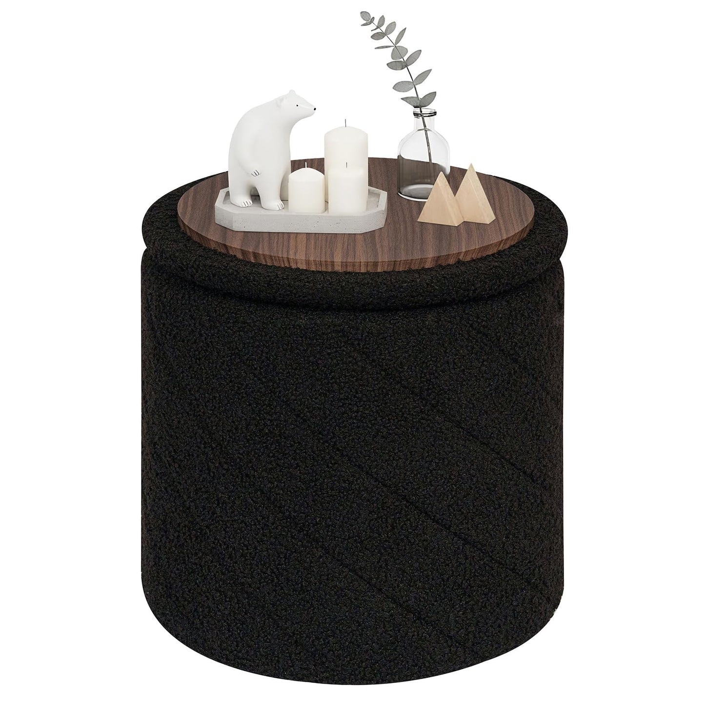 PINPLUS Round Ottoman Storage Box, Folding Stool, Black, 33x33x35 cm