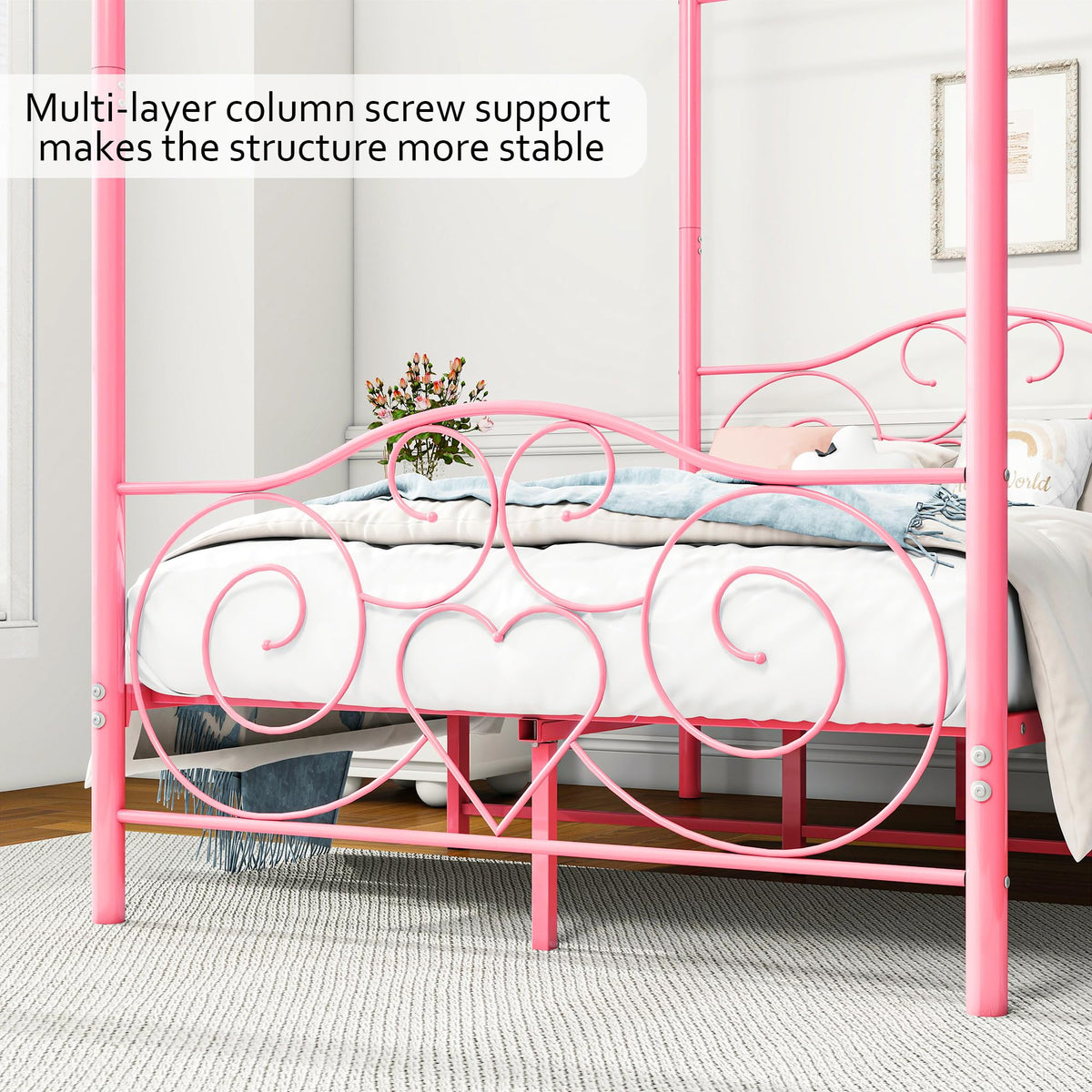 HAHRIR Double Canopy Bed Frame with Vintage Headboard & Footboard, Pink