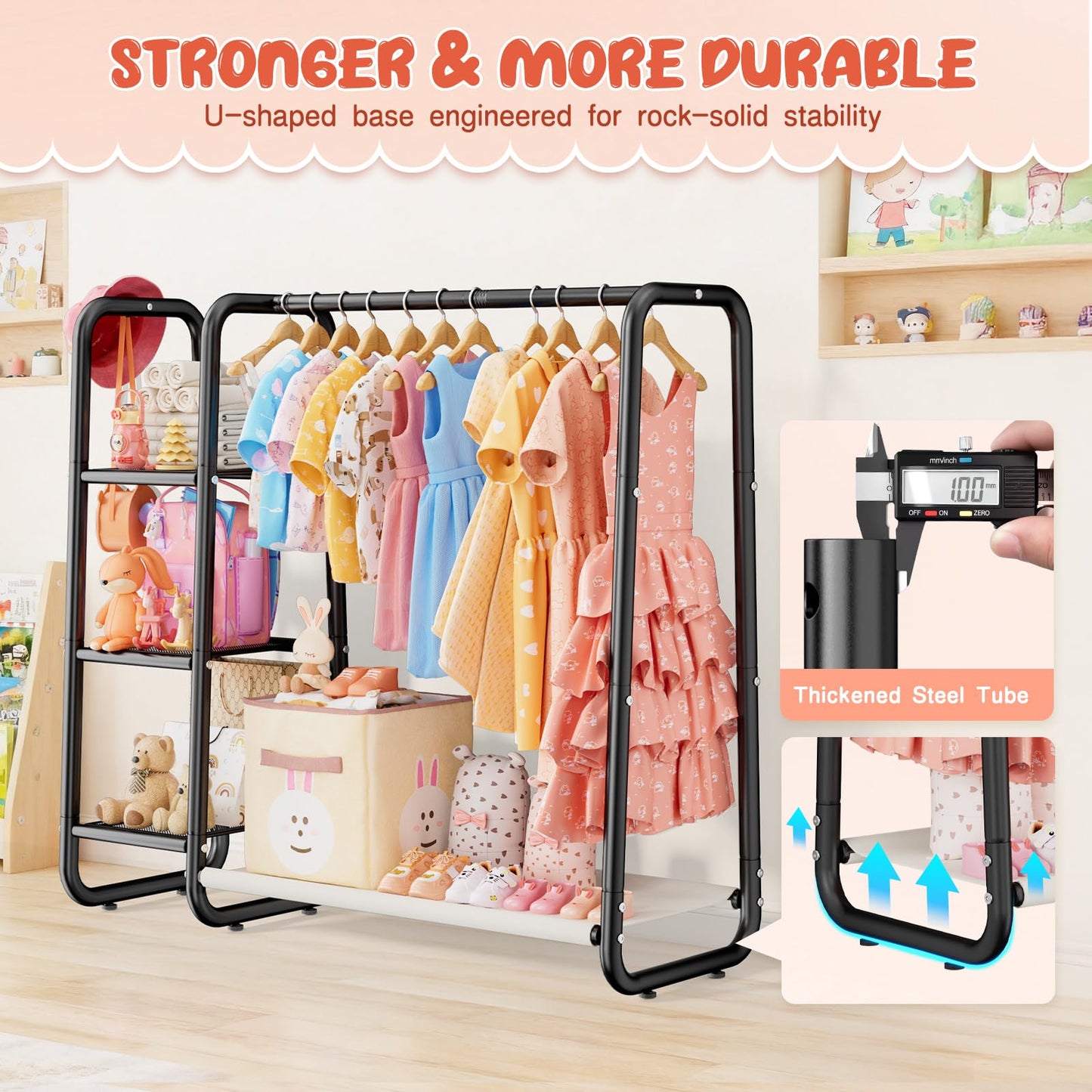Kids Clothes Rail with 3-Tier Storage Shelves Strong Storage Dress Up Rail