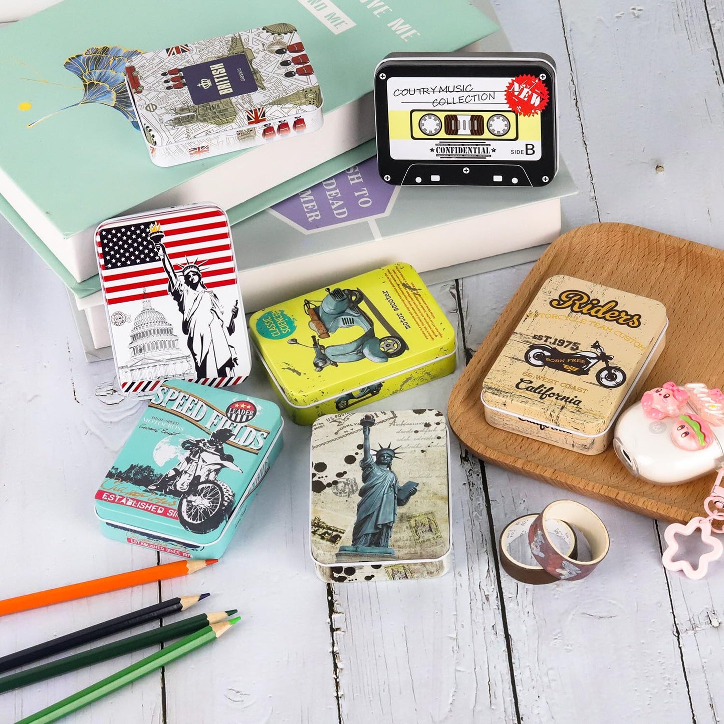 Pramape Pack of 8 Metal Tins with Lids, 90 x 65 x 25 mm, Small Metal Tin Boxes with Lids for Small Items and Craft Projects
