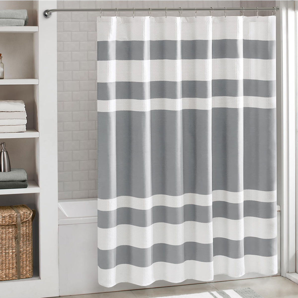 Madison Park Shower Curtain Waffle Weave Striped Pieced Design Fabric Shower Curtains for Bathroom with 3M Scotchgard Moisture Management Premium Spa