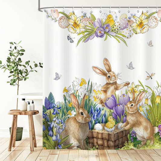 BREASOME Spring Easter Bunny Shower Curtain 180 x 180 cm Cute Rabbit Chicken Egg Floral Shower Curtain for Bathroom Decor Mould Proof Waterproof