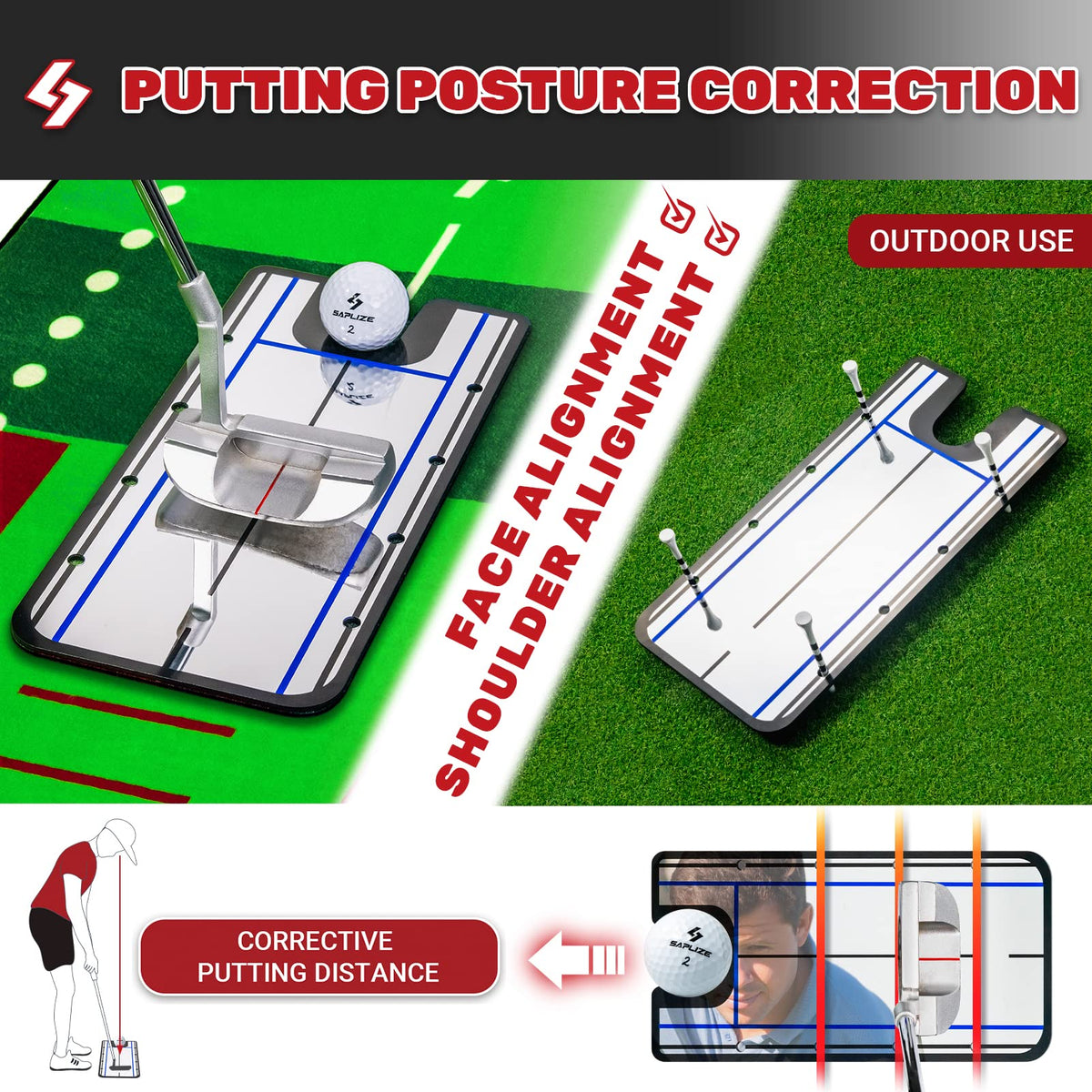 SAPLIZE Golf Putting Mat, Visible Trajectory Tracing, Multiple Training Modes, with Putting Alignment Mirror and Adjustable Green Slopes, Putting
