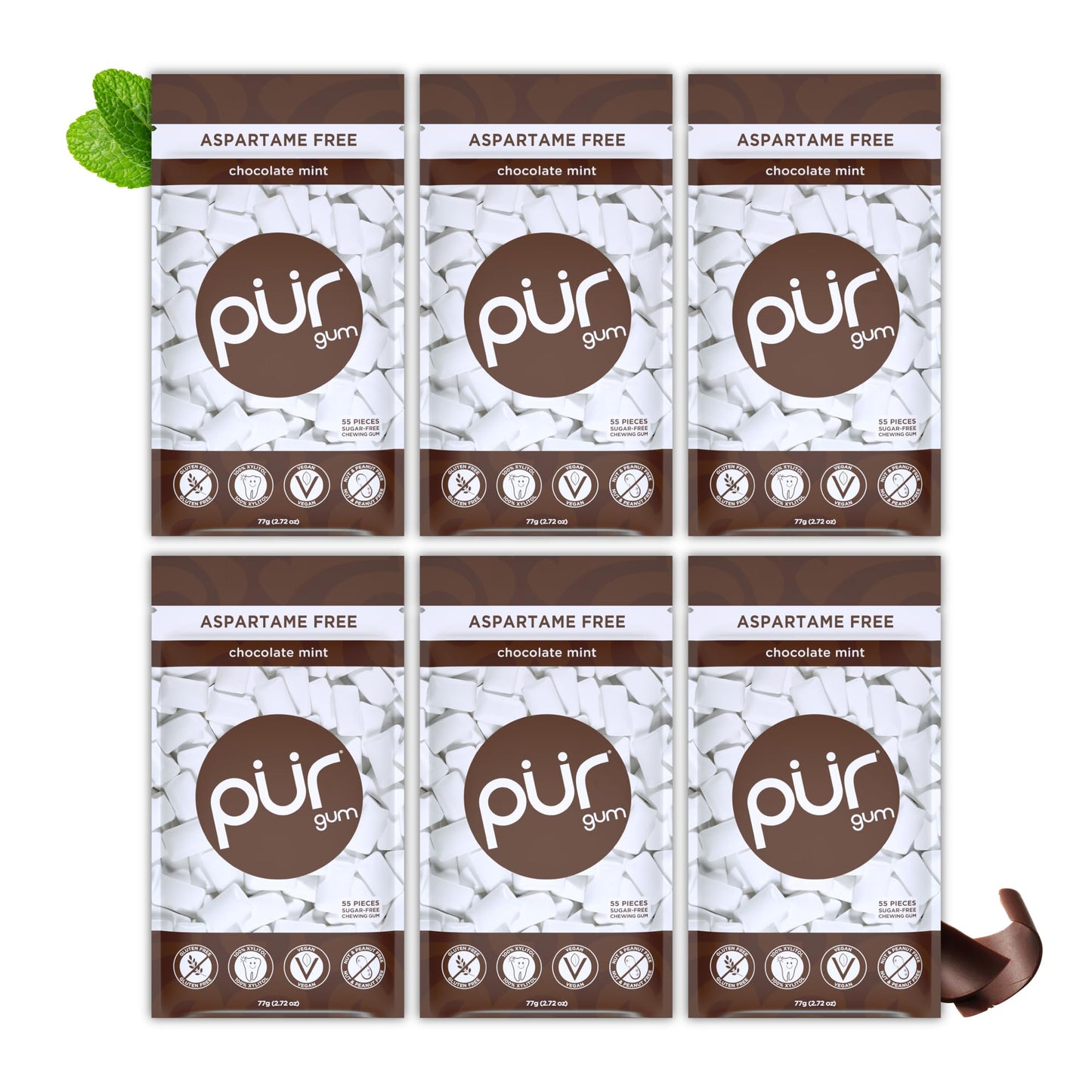 PUR Gum | Sugar Free Chewing Gum | Made with Xylitol | Vegan, Aspartame Free, Gluten Free and Keto Friendly | Natural Chocolate Mint Flavoured Gum, 55