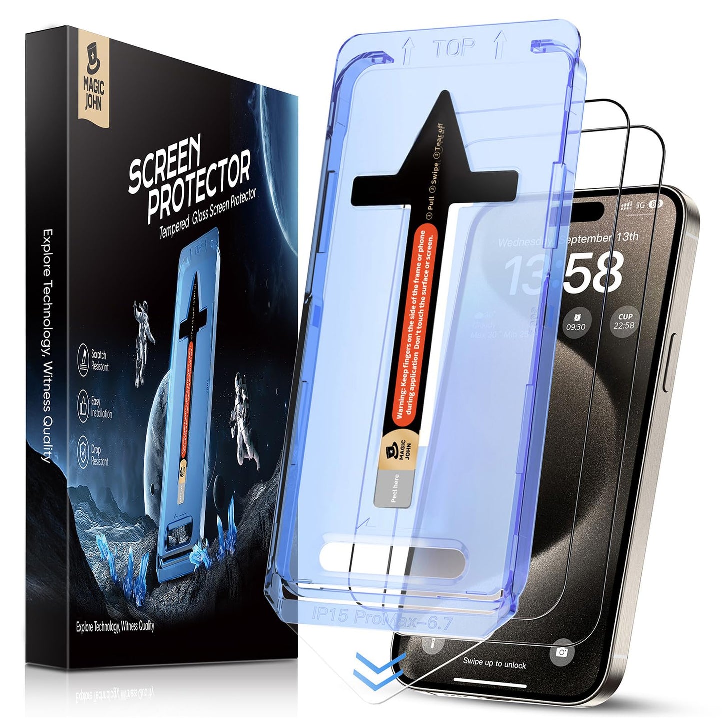 MAGIC JOHN 2 Pack for iPhone 15 Pro Max 6.7 inch Tempered Glass Screen Protector, Auto Dust-Elimination Installation, Bubble Free, Dynamic Island
