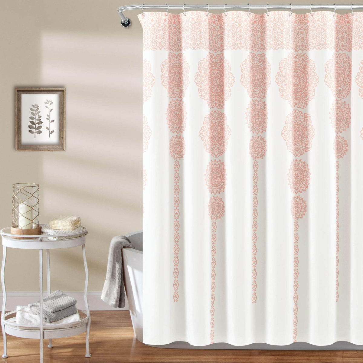Lush Decor Stripe Medallion Shower Curtain-Fabric Mandala Bohemian Damask Print Design, Blue, Polyester, Blush, 72" W x 72" L (Pack of 1)