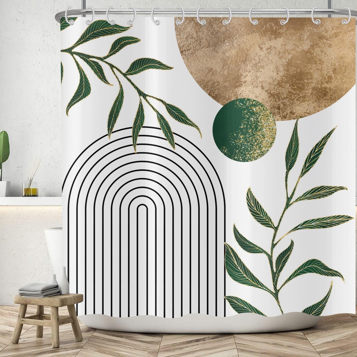 ASDCXZ Boho Shower Curtain 180x200 cm, Modern Abstract Art Boho Style Retro Sun Green Leaves White Bath Washable Shower Curtains Polyester Textile