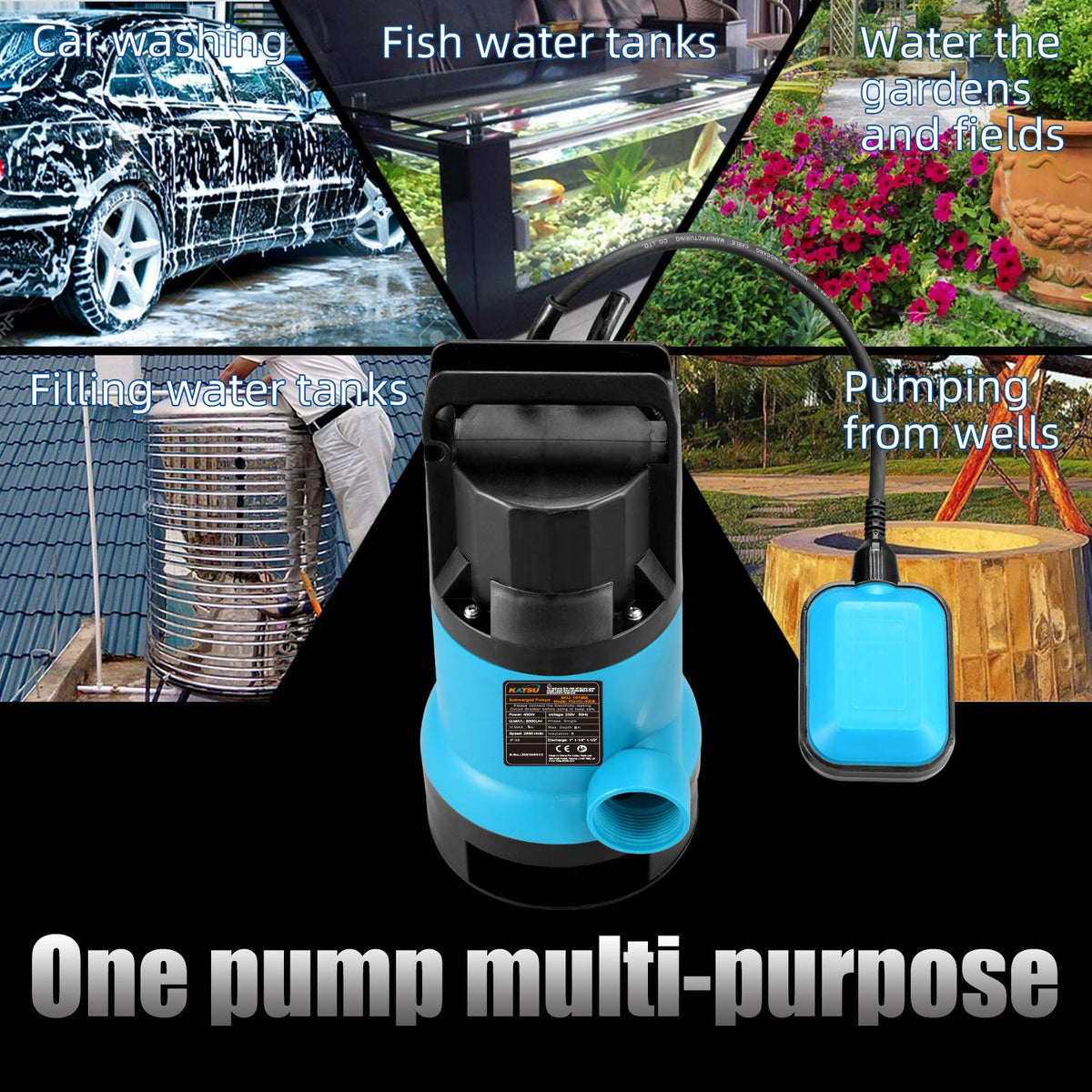 KATSU 400W Portable Submersible Pump for Clean and Dirty Water 8000L/h for Garden Pond, Pools, Ditches + 10m 1" PVC Hose + Quick Coupler Connector +
