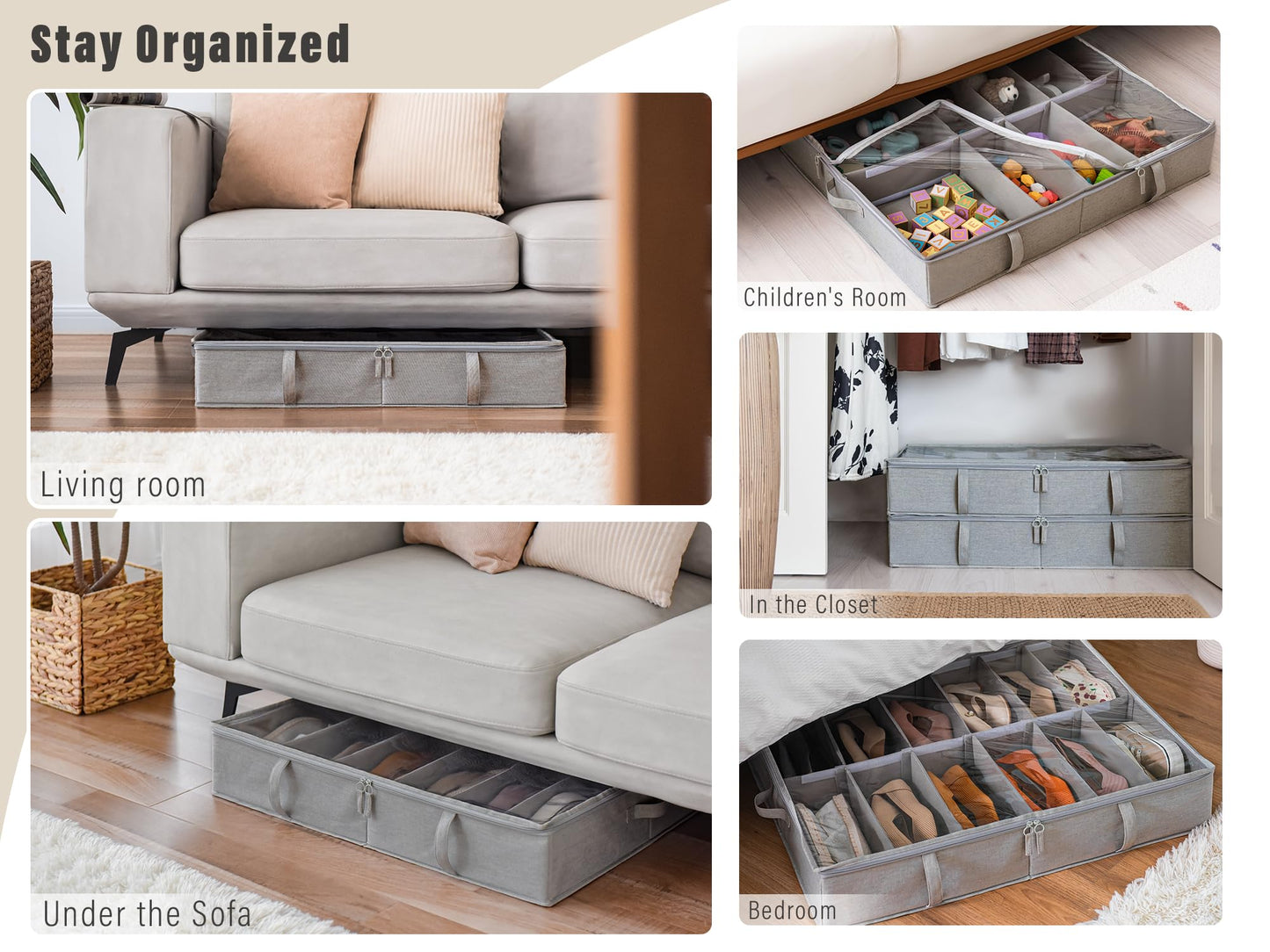 StorageWorks Under Bed Shoe Storage Organizer, Underbed Shoes Container with Adjustable Dividers, Shoe Storage Basket with Cover, Grey, 2-Pack,