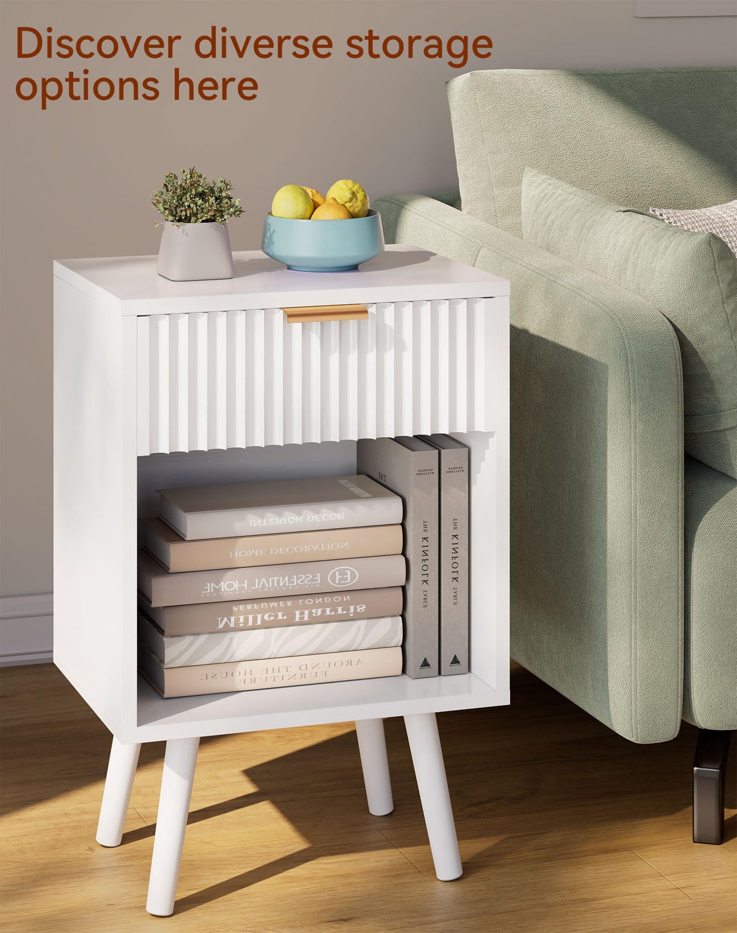 YMYNY Mid Century Modern Nightstand Set of 2, Side Table with Fluted Drawer, Open Shelf Unit, Golden Handle, Solid Wood Legs, Bedside Table