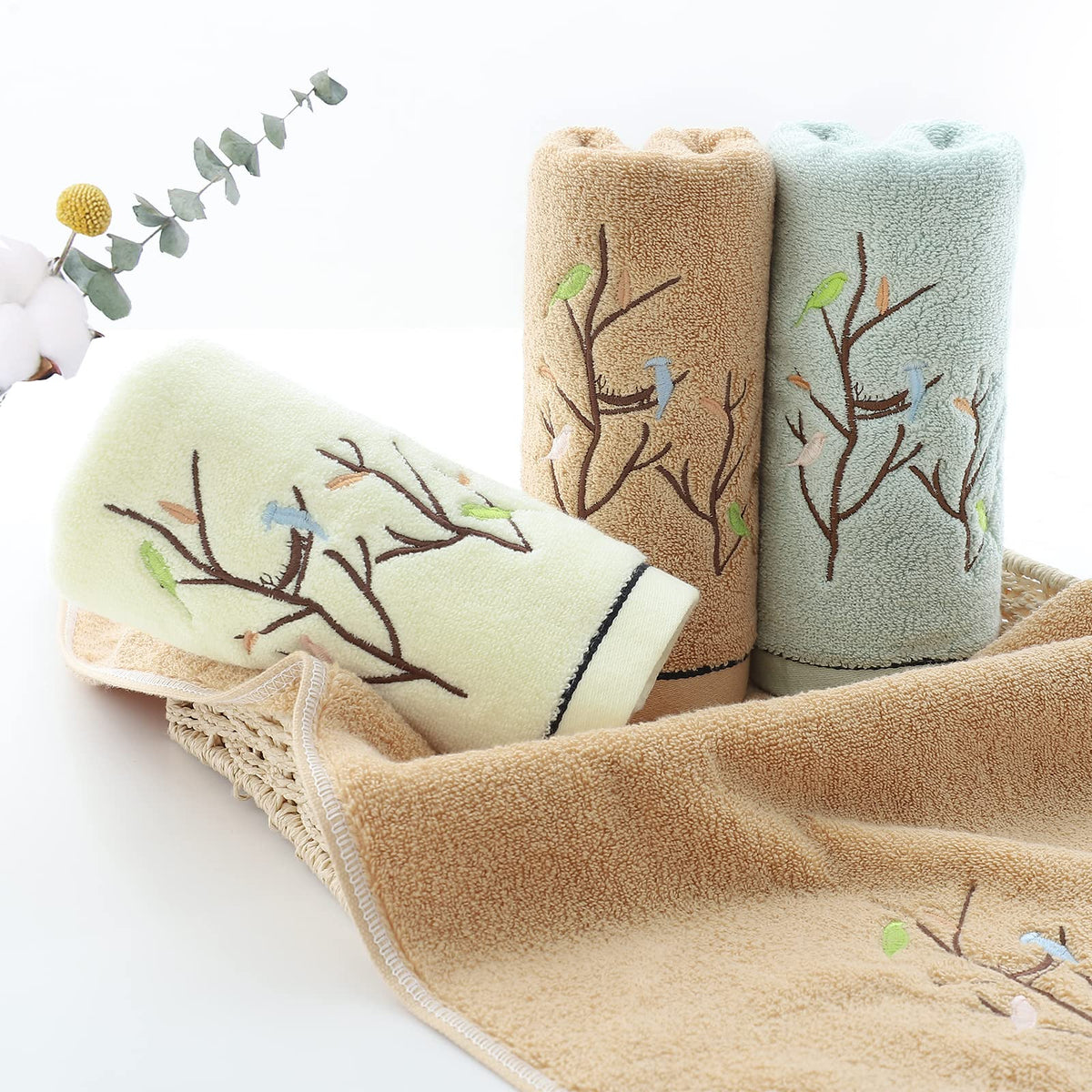 Pidada Hand Towels Set of 2 Embroidered Bird Tree Pattern 100% Cotton Absorbent Soft Decorative Towel for Bathroom 35 x 75 cm (Brown)