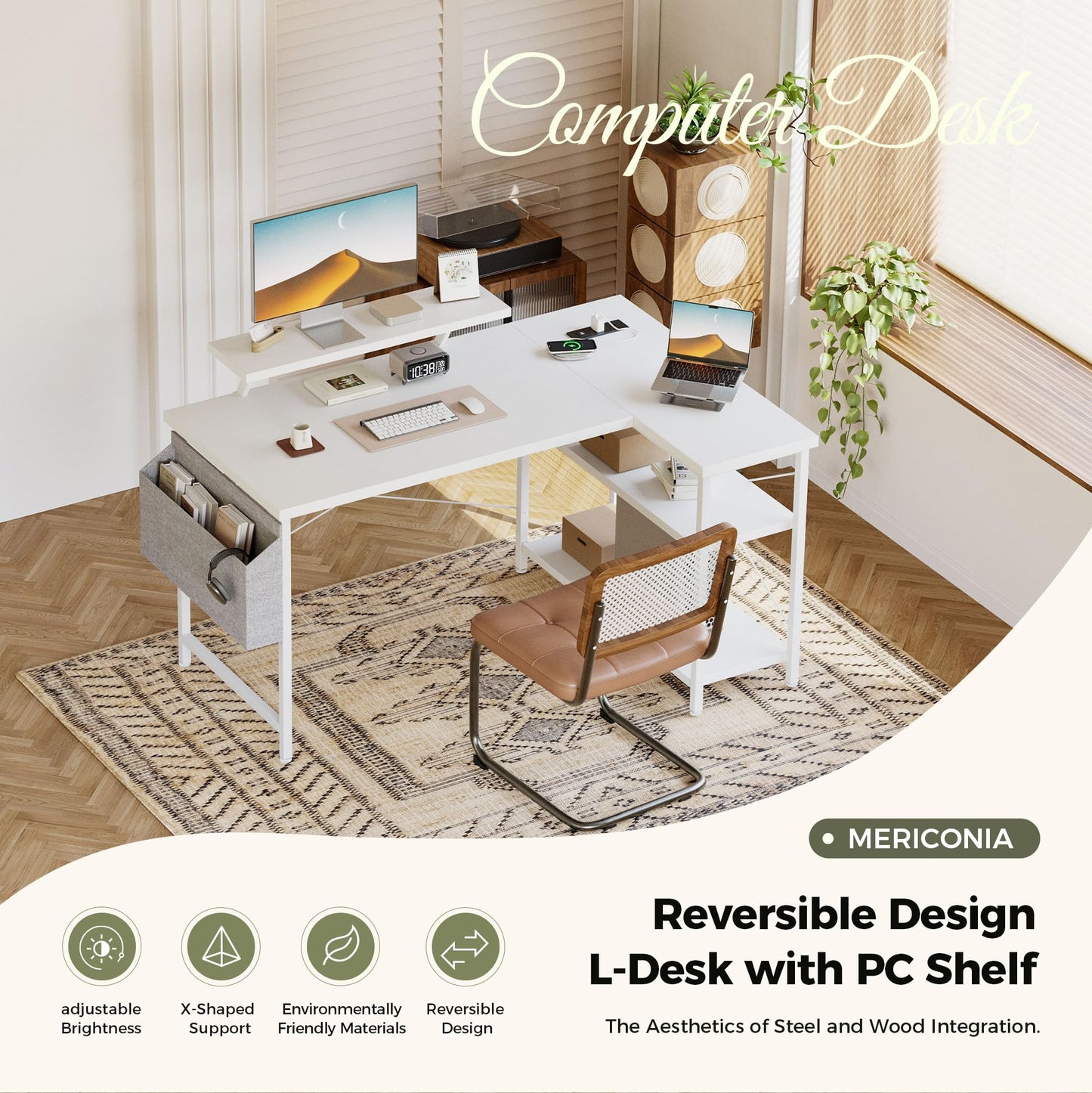 Mericonia Corner Desk, w. Monitorstand & Built-in Socket, 140x70cm, White