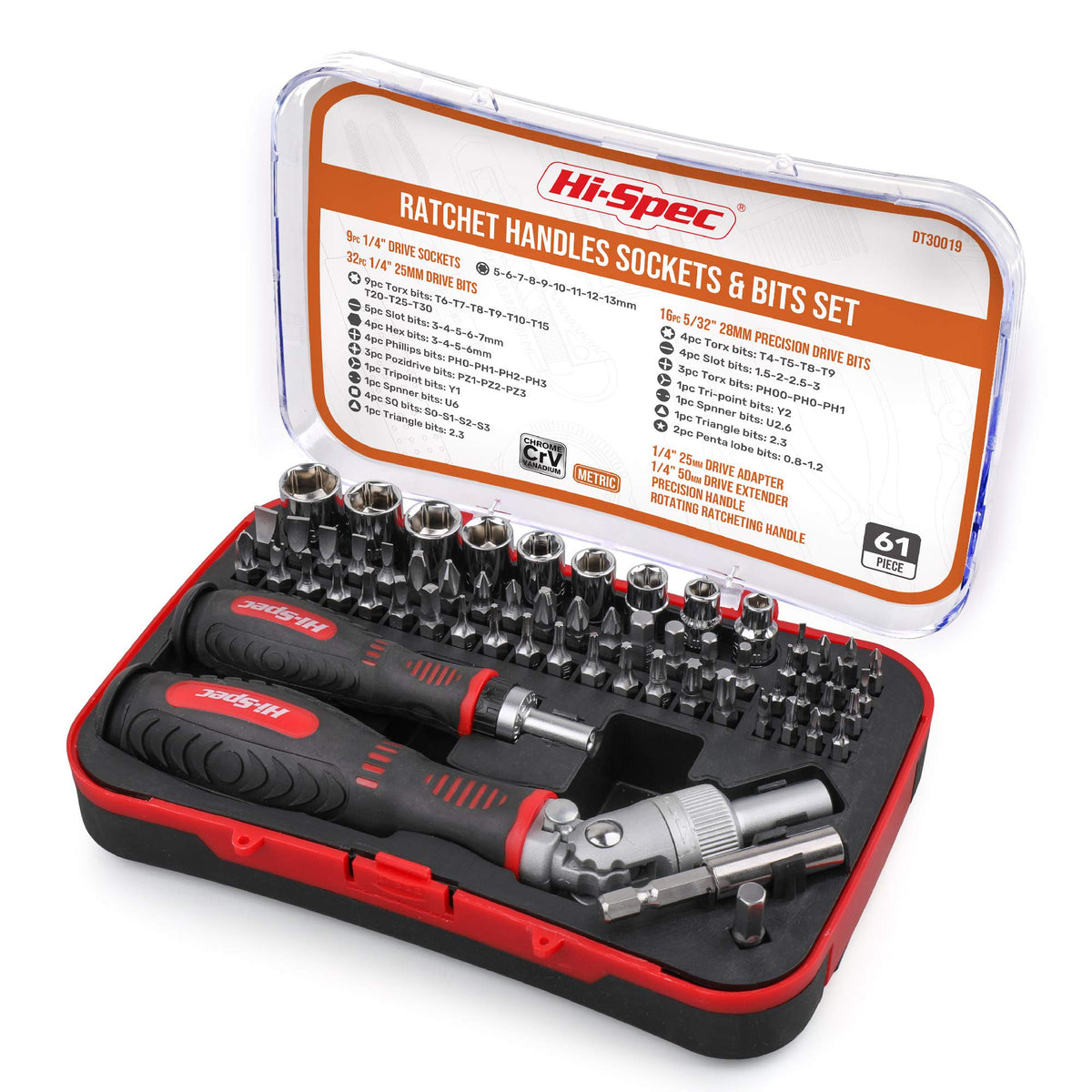 Hi-Spec 61pc 1/4? Hex Driver Bits & Socket Set with Right Angle Ratchet Handle. Easy Repairs with Torx & Small Precision Multi Bits. Screwdriver Bit