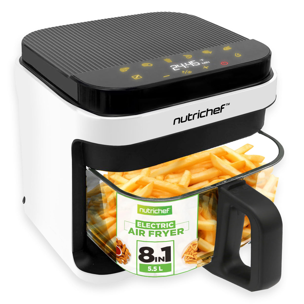 Nutrichef 5.5 Litres Air Fryer, 8 in 1 Preset Cook Modes, Transparent Fry Bowl for Best Cooking Results, Cook Shrimp, Steak, Fries, Wings, Chicken and