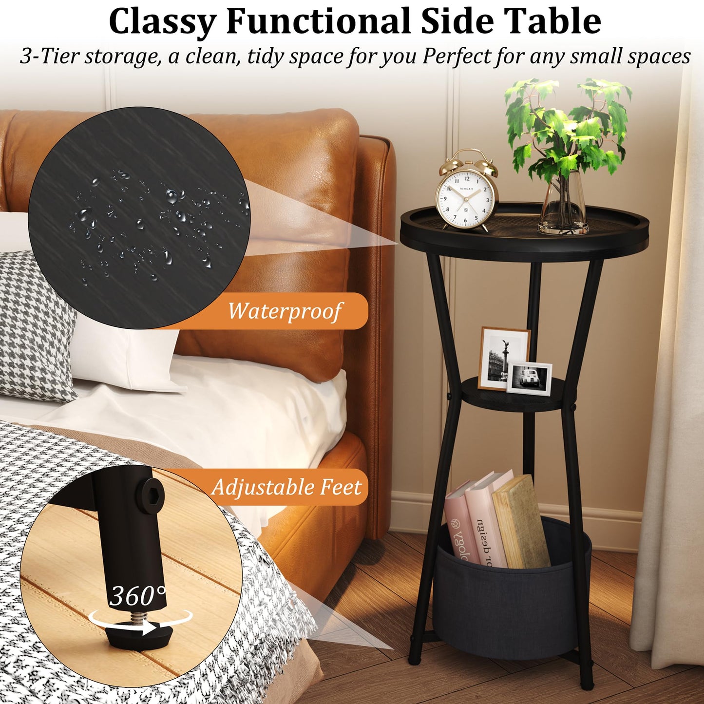 Yusong Round Side Table, Small Drink Table for Small Spaces, 3-Tier Industrial End Table, Accent Nightstand Bedside Table for Living Room, Bedroom