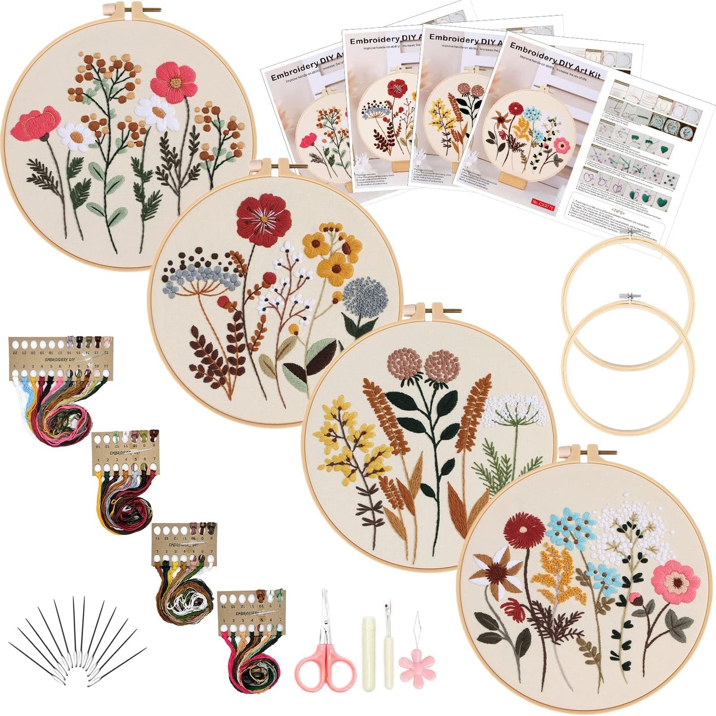 JOYVOVO 4pcs Embroidery Kit for Beginners, Cross Stitch Kits for Beginners with Stamped Flower Pattern, Hand Embroidery Kits for Adults with Hoop, DIY