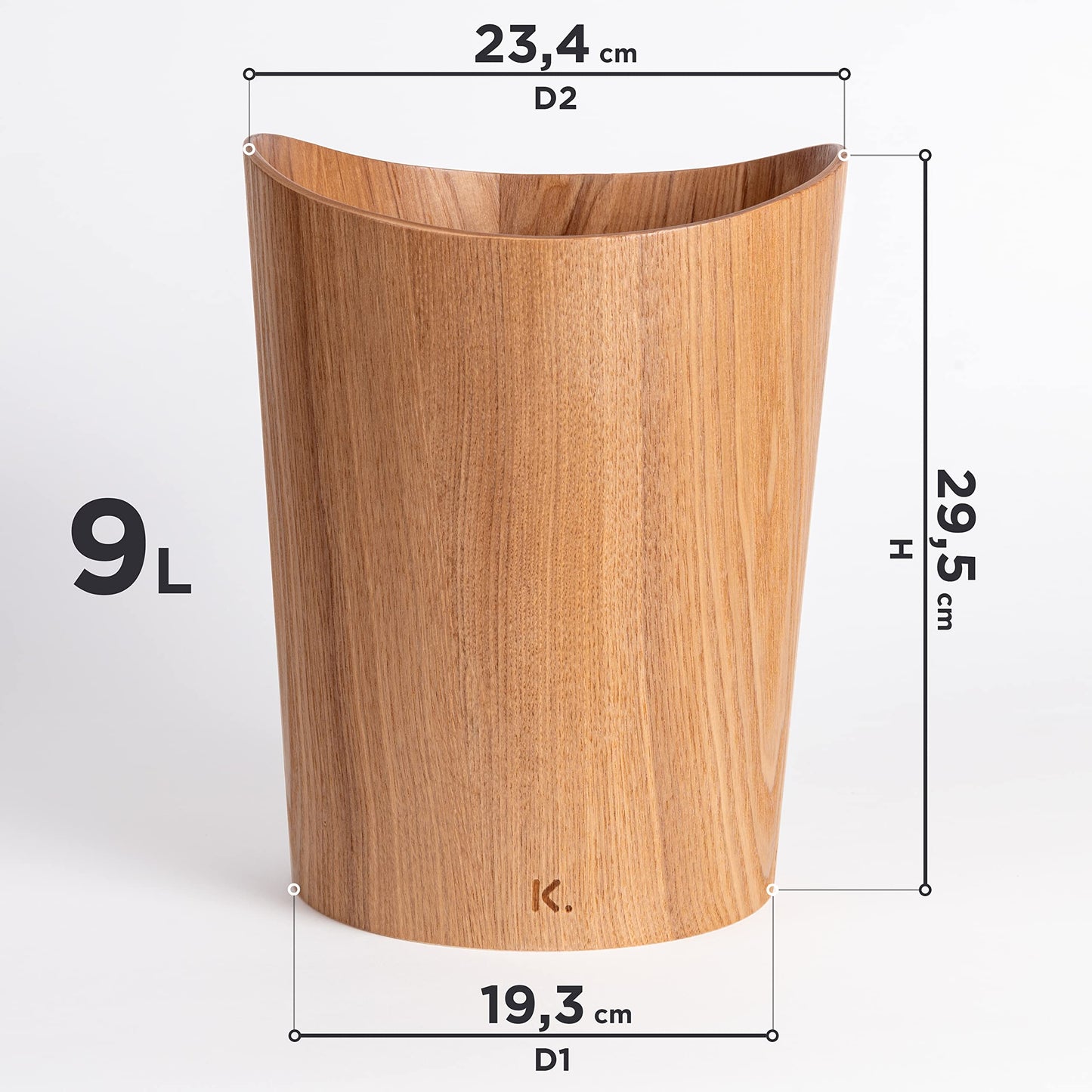 Kazai. Real Wood Waste Paper Bin Brje | Wooden Paper Basket for Office, Kids' Room, Bedroom and more | 9 liters | Ash