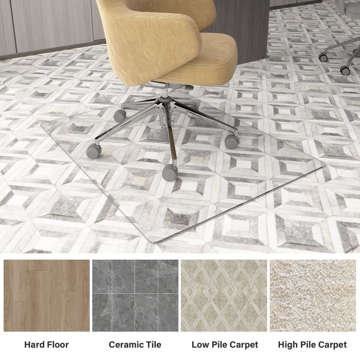 CASSILANDO Glass Office Chair Mat for Carpet, 90 x 115cm Tempered Glass Office Mat for Carpeted or Hardwood Floors, Computer Floor Protector Mat,