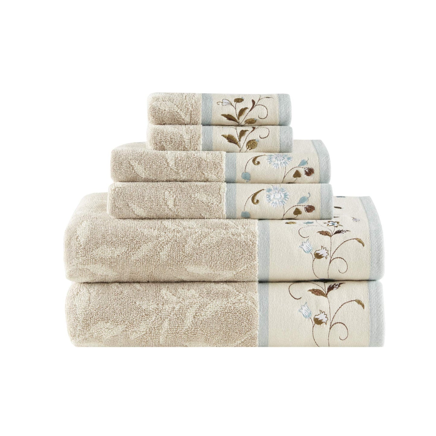 Madison Park Serene 100% Cotton Bath Towel Set Luxurious Floral Embroidered Cotton Jacquard Design, Soft and Highly Absorbent for Shower, Multi-Sizes,