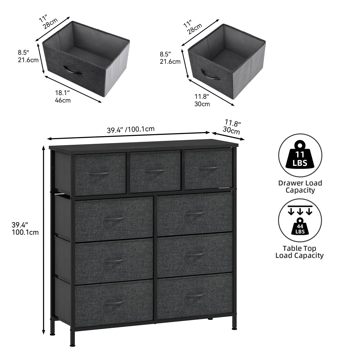 DWVO Chest of Drawers,Fabric Chest of Drawers Bedroom Cabinet with 9 Drawers,Dresser for Bedroom,Living Room With Handles,Wood Top and Sturdy Steel